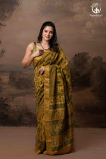 Ushraa - Mustard Green Ajrakh Hand Block Printed Cotton Silk Saree with Gold Zari Border-RUTAMBHARA-RUTAMBHARA