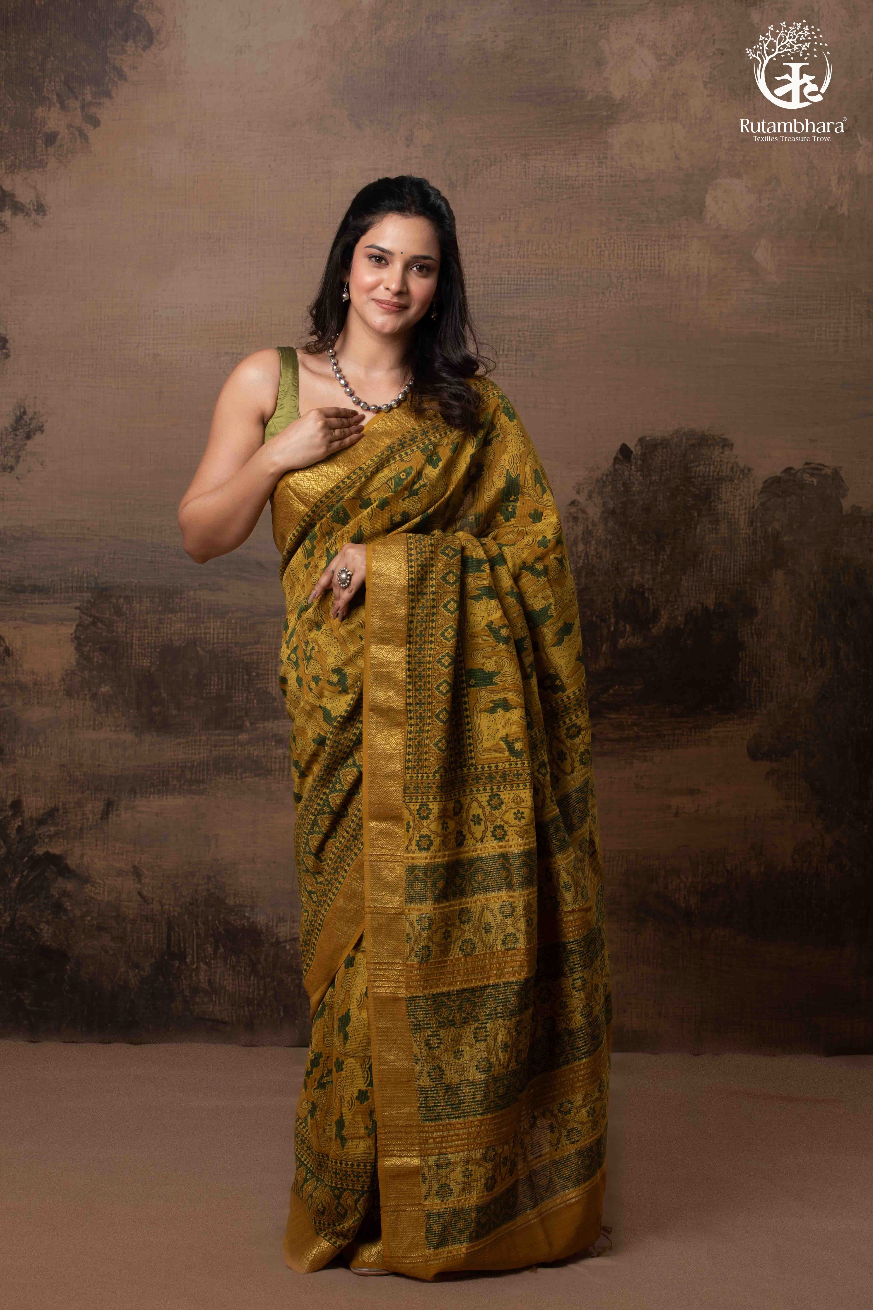 Ushraa - Mustard Green Ajrakh Hand Block Printed Cotton Silk Saree with Gold Zari Border