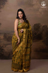 Ushraa - Mustard Green Ajrakh Hand Block Printed Cotton Silk Saree with Gold Zari Border