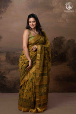 Ushraa - Mustard Green Ajrakh Hand Block Printed Cotton Silk Saree with Gold Zari Border-RUTAMBHARA-RUTAMBHARA