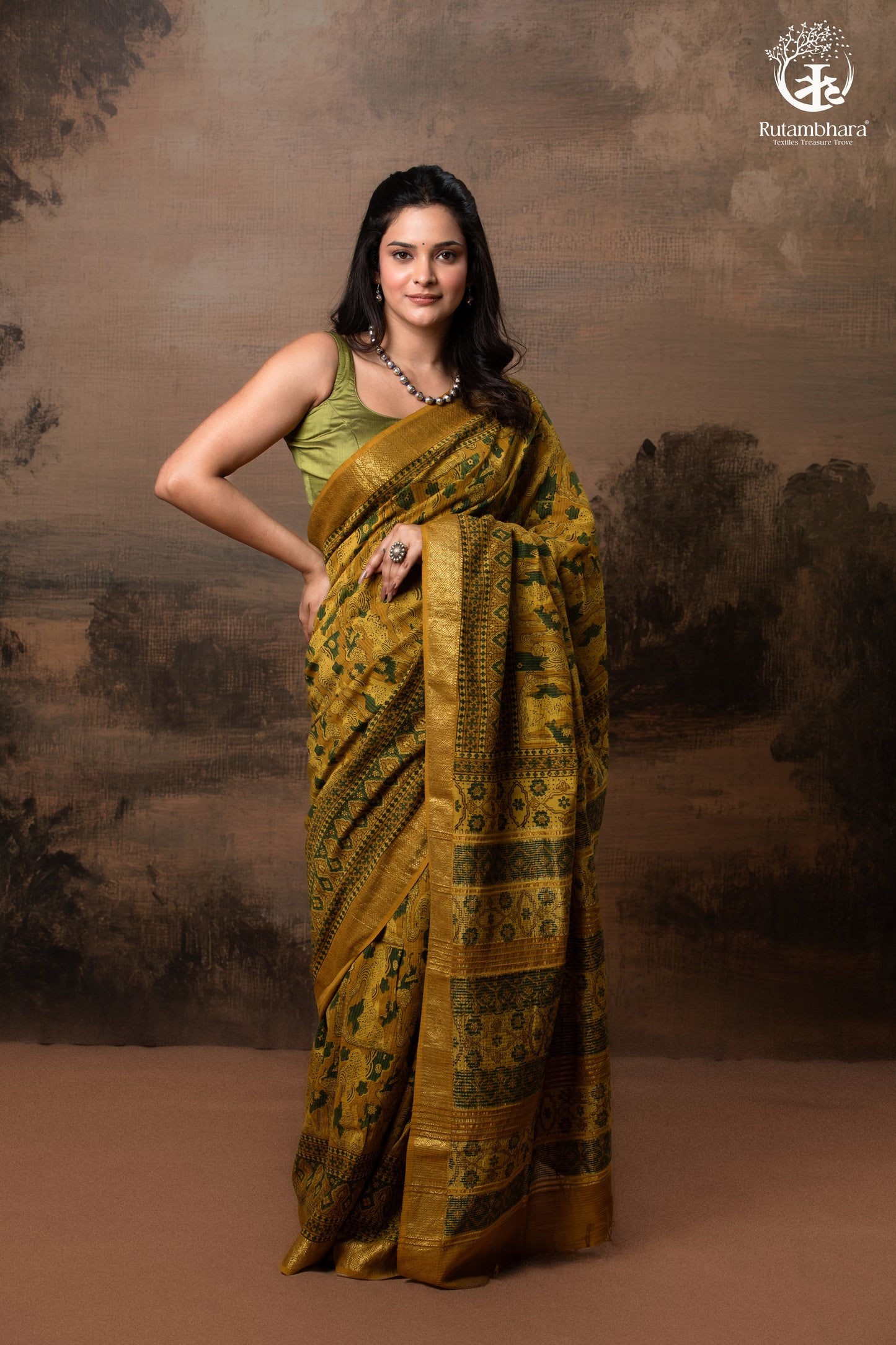 Ushraa - Mustard Green Ajrakh Hand Block Printed Cotton Silk Saree with Gold Zari Border