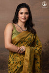 Ushraa - Mustard Green Ajrakh Hand Block Printed Cotton Silk Saree with Gold Zari Border