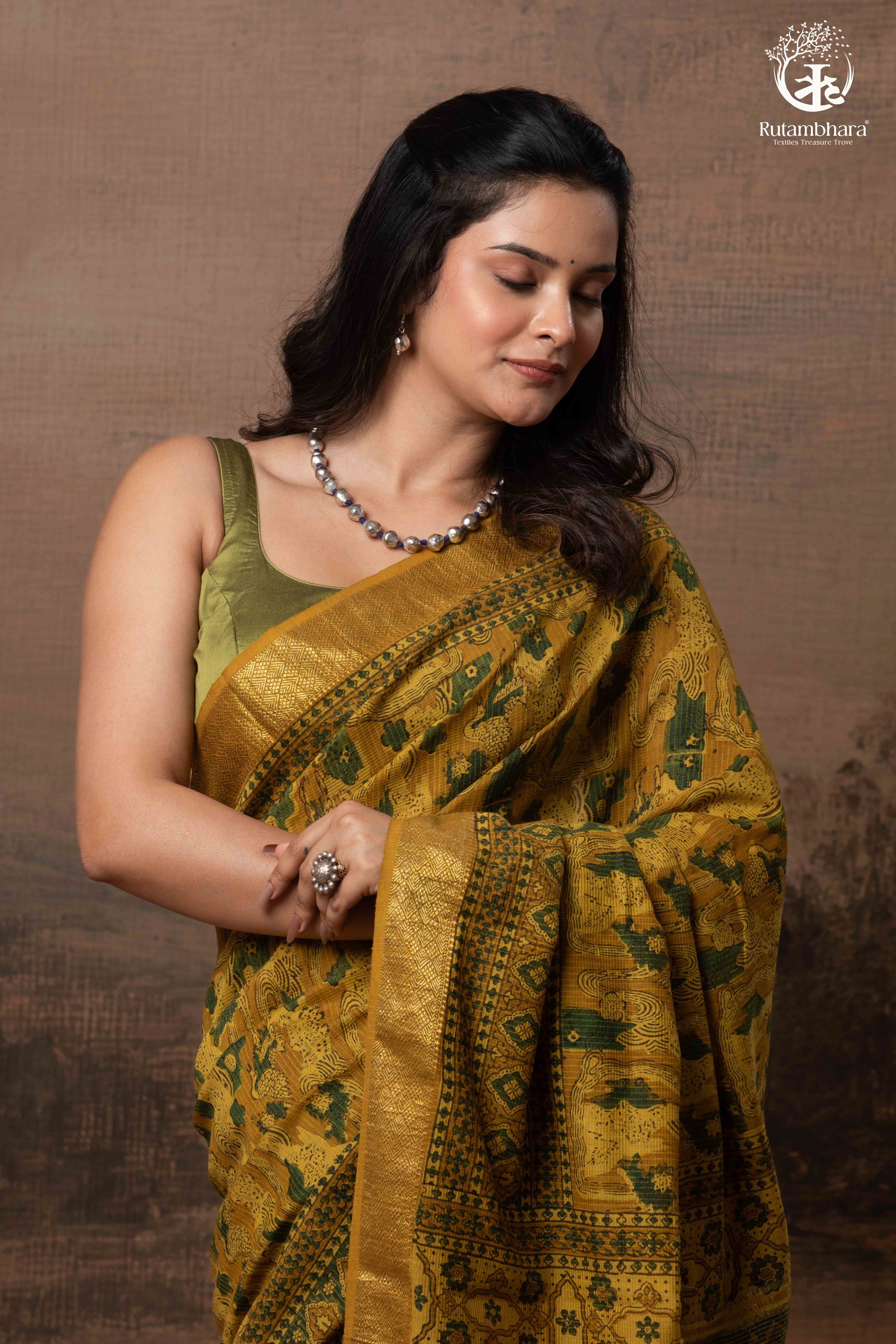 Ushraa - Mustard Green Ajrakh Hand Block Printed Cotton Silk Saree with Gold Zari Border