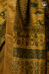 Ushraa - Mustard Green Ajrakh Hand Block Printed Cotton Silk Saree with Gold Zari Border