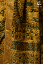Ushraa - Mustard Green Ajrakh Hand Block Printed Cotton Silk Saree with Gold Zari Border-RUTAMBHARA-RUTAMBHARA