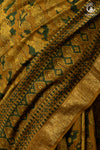 Ushraa - Mustard Green Ajrakh Hand Block Printed Cotton Silk Saree with Gold Zari Border