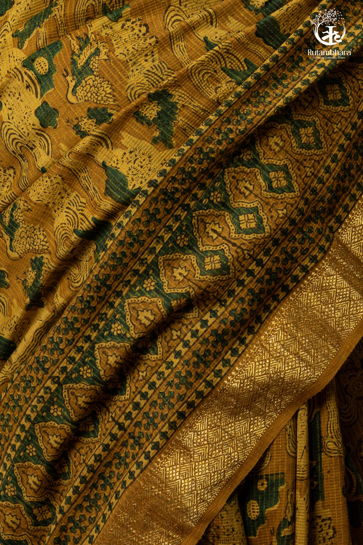 Ushraa - Mustard Green Ajrakh Hand Block Printed Cotton Silk Saree with Gold Zari Border