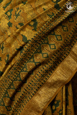 Ushraa - Mustard Green Ajrakh Hand Block Printed Cotton Silk Saree with Gold Zari Border-RUTAMBHARA-RUTAMBHARA