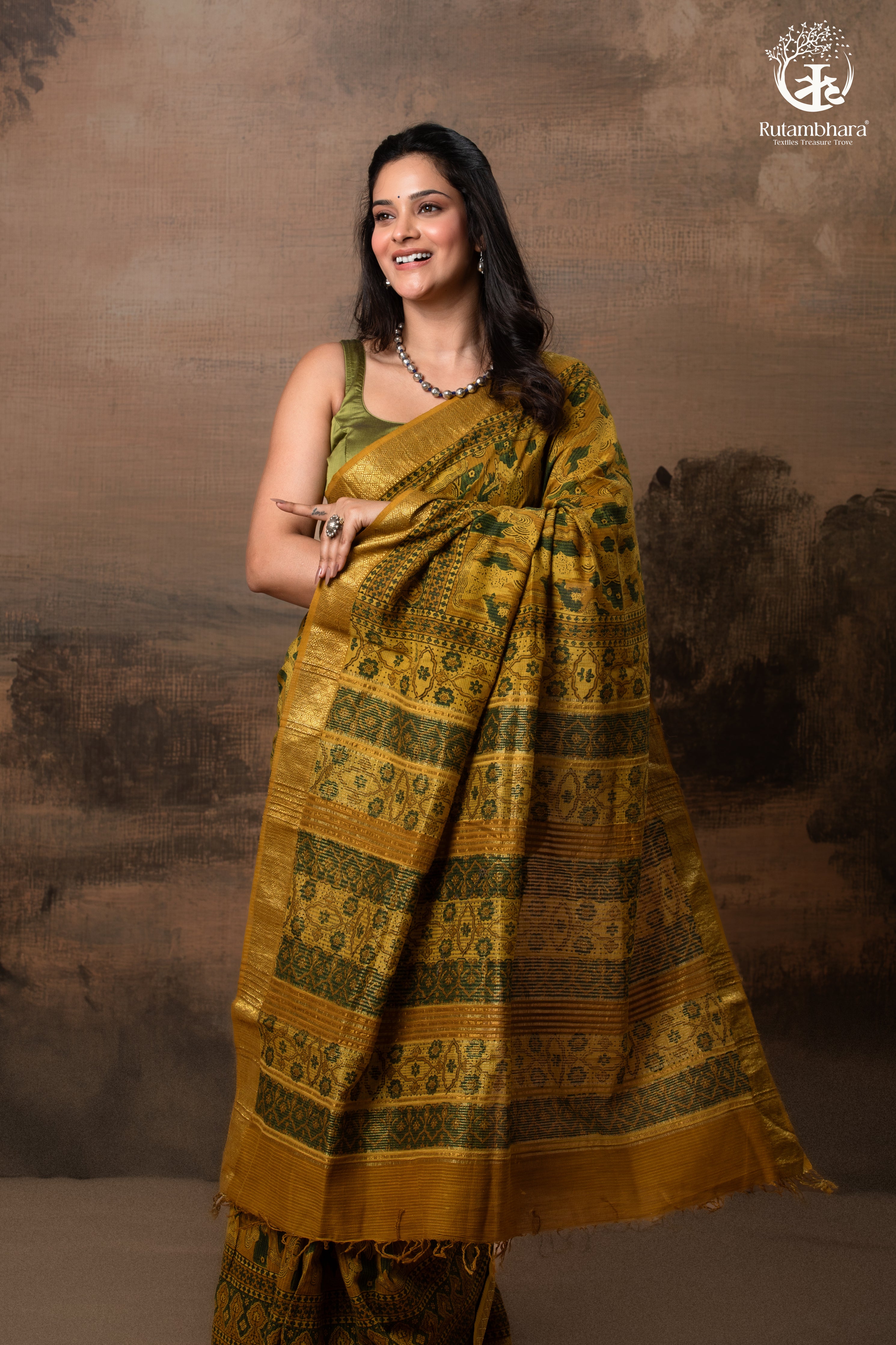 Ushraa - Mustard Green Ajrakh Hand Block Printed Cotton Silk Saree with Gold Zari Border
