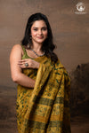 Ushraa - Mustard Green Ajrakh Hand Block Printed Cotton Silk Saree with Gold Zari Border