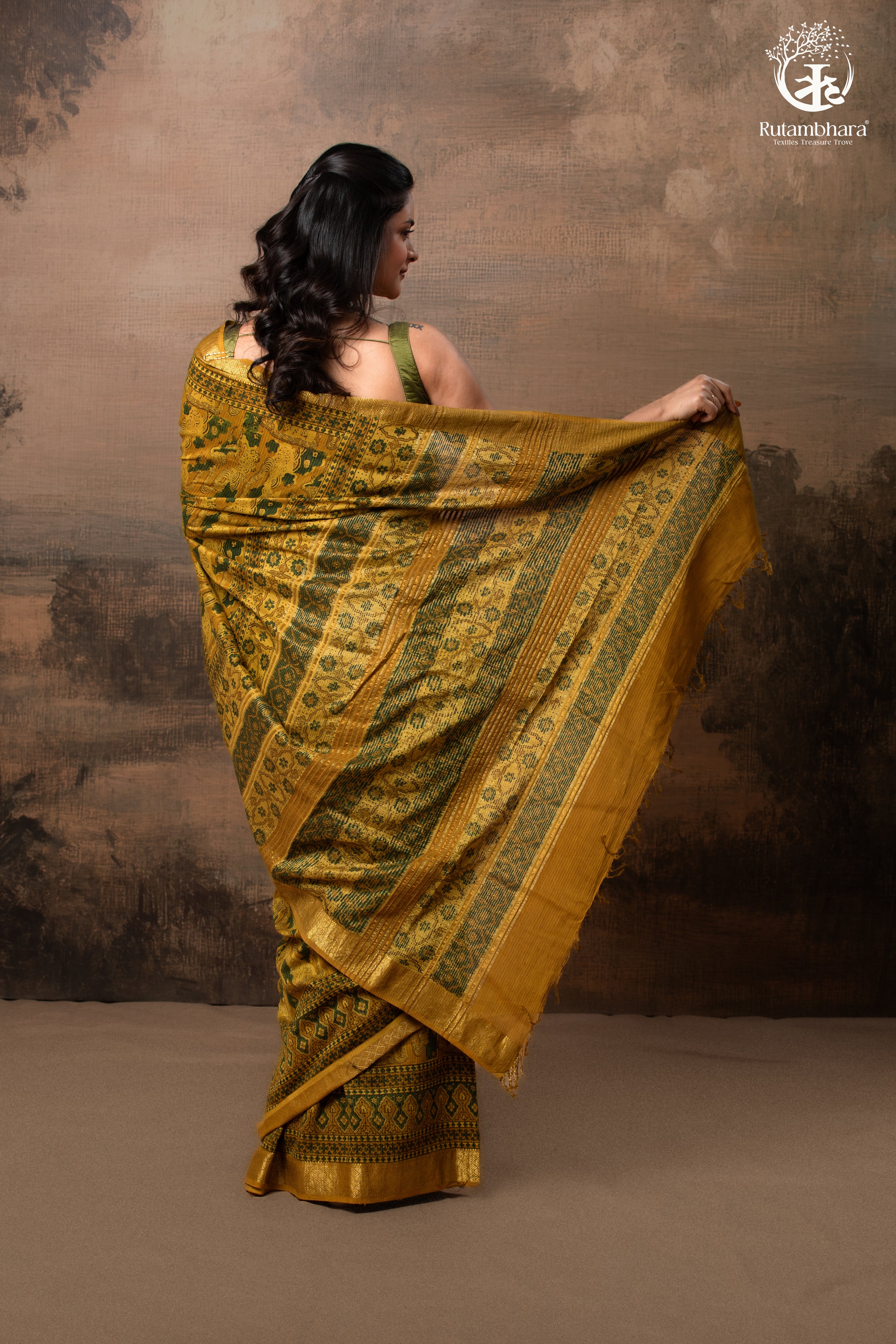 Ushraa - Mustard Green Ajrakh Hand Block Printed Cotton Silk Saree with Gold Zari Border