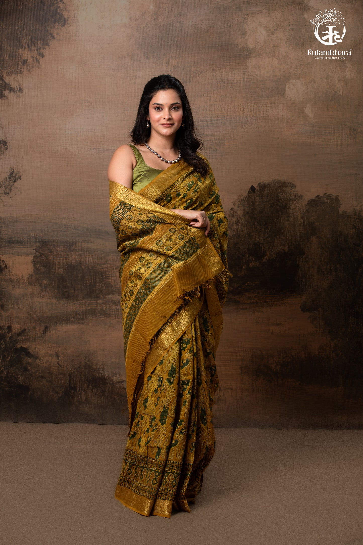Ushraa - Mustard Green Ajrakh Hand Block Printed Cotton Silk Saree with Gold Zari Border