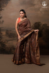 Ushraa - Earthy Rust Brown Ajrakh Cotton Silk Saree with Gold Zari Border