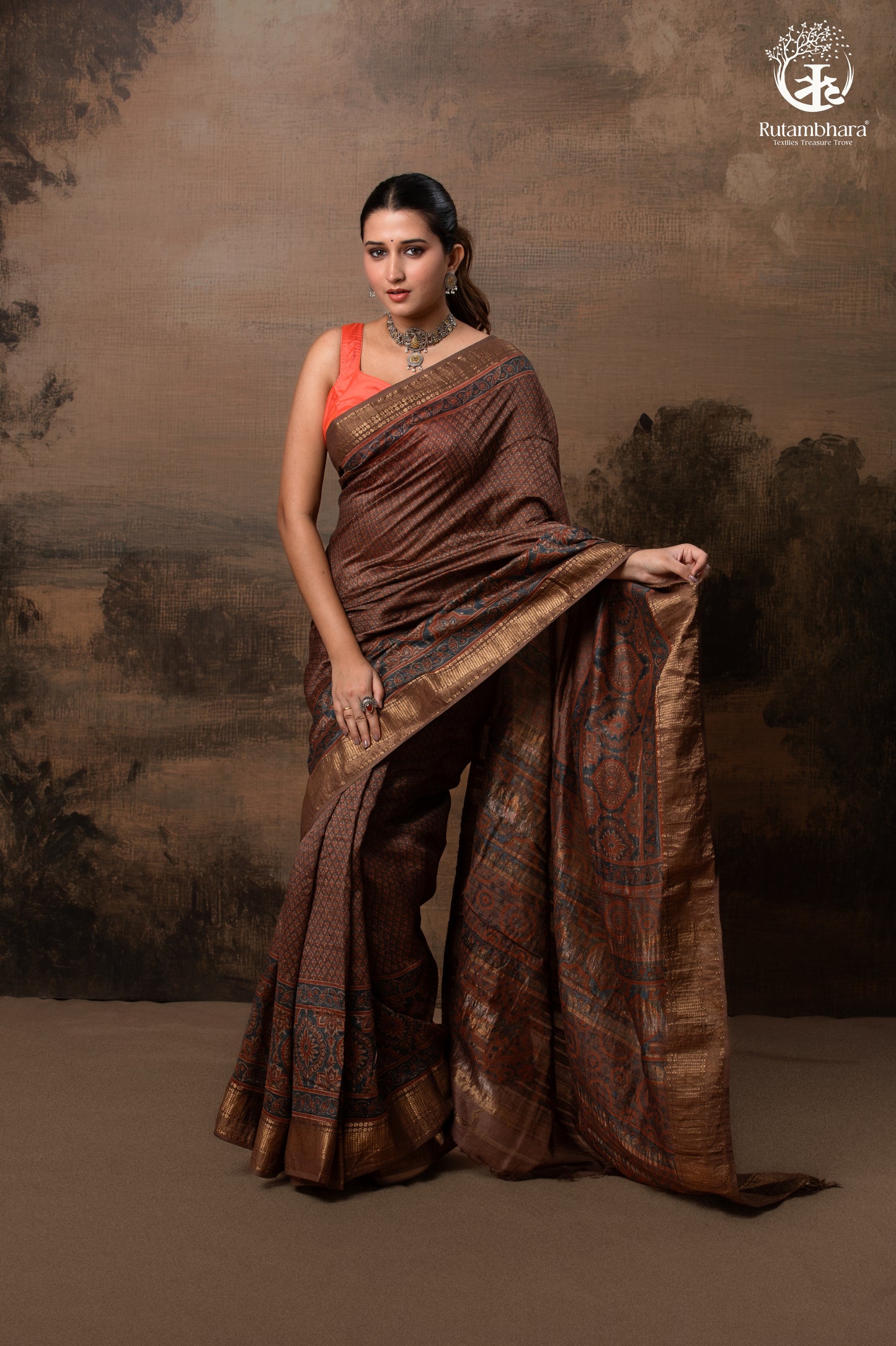 Ushraa - Earthy Rust Brown Ajrakh Cotton Silk Saree with Gold Zari Border