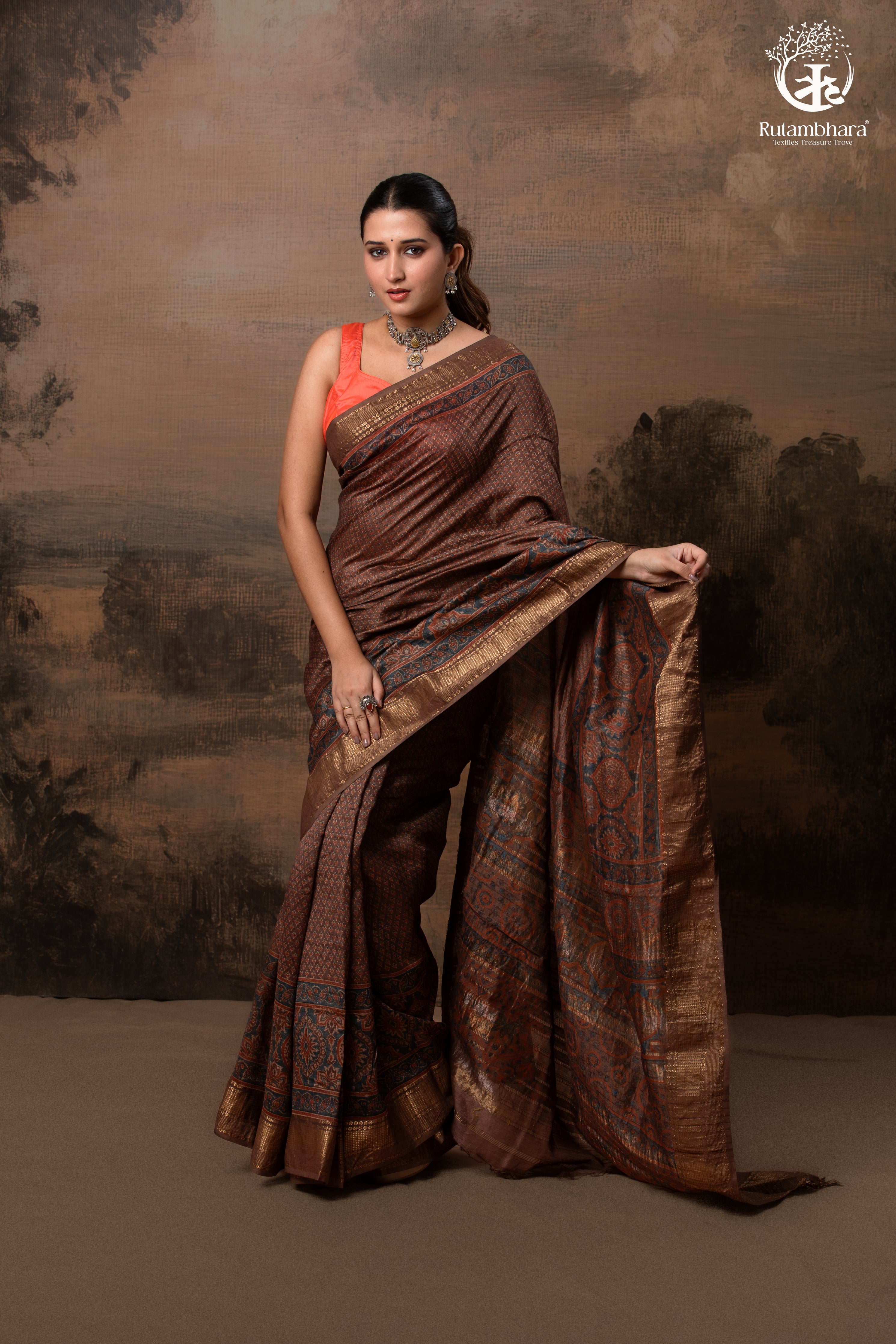 Ushraa - Earthy Rust Brown Ajrakh Cotton Silk Saree with Gold Zari Border