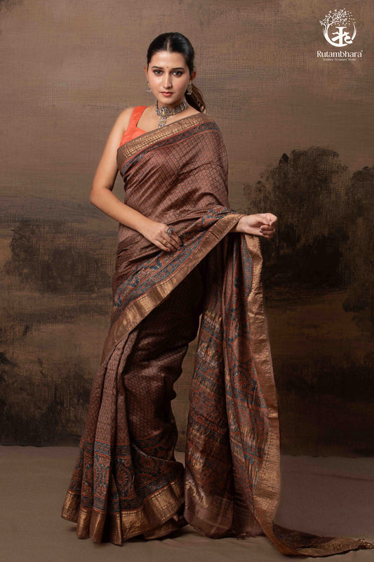Ushraa - Earthy Rust Brown Ajrakh Cotton Silk Saree with Gold Zari Border