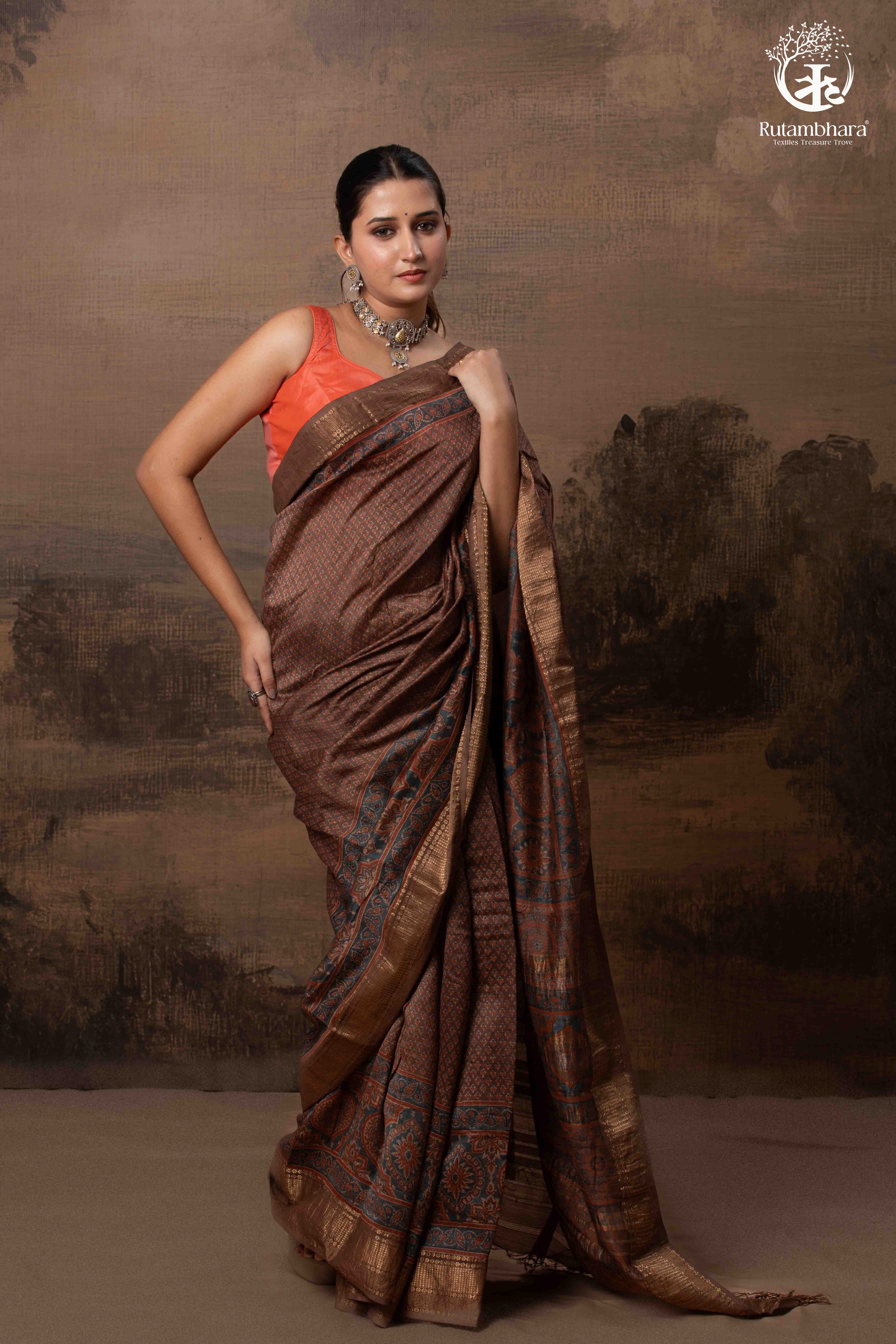 Ushraa - Earthy Rust Brown Ajrakh Cotton Silk Saree with Gold Zari Border