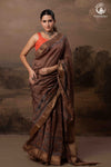Ushraa - Earthy Rust Brown Ajrakh Cotton Silk Saree with Gold Zari Border