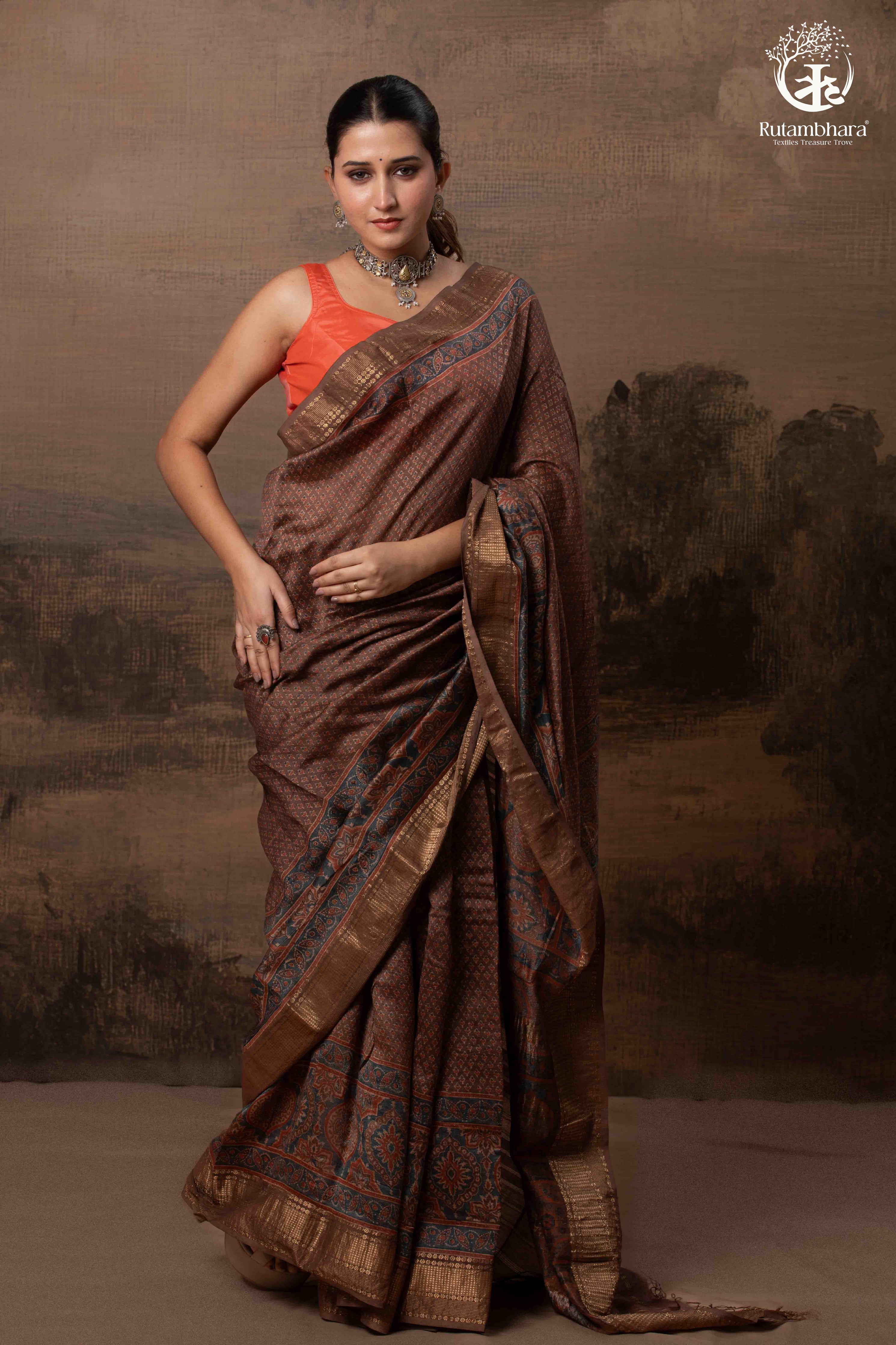 Ushraa - Earthy Rust Brown Ajrakh Cotton Silk Saree with Gold Zari Border