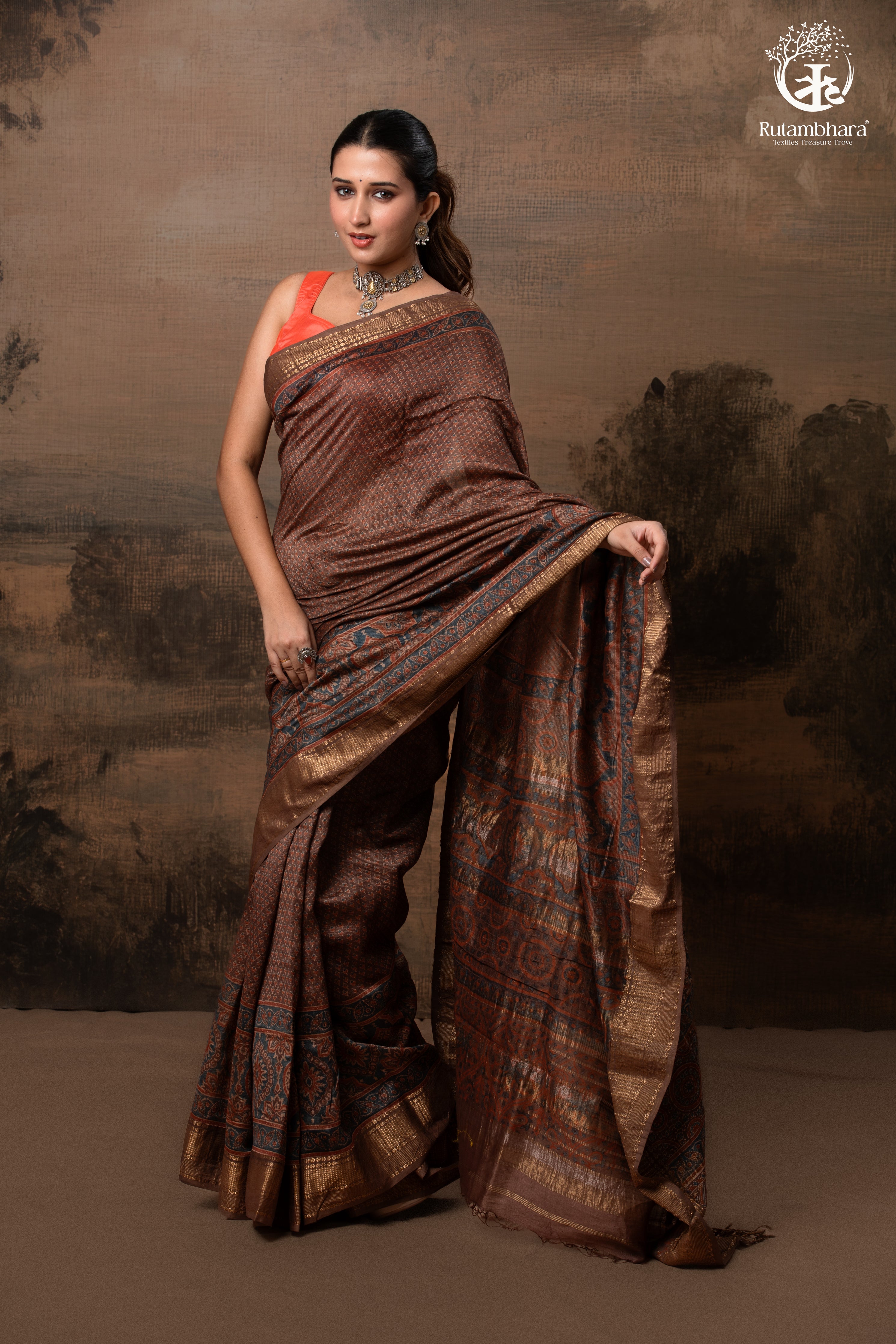 Ushraa - Earthy Rust Brown Ajrakh Cotton Silk Saree with Gold Zari Border