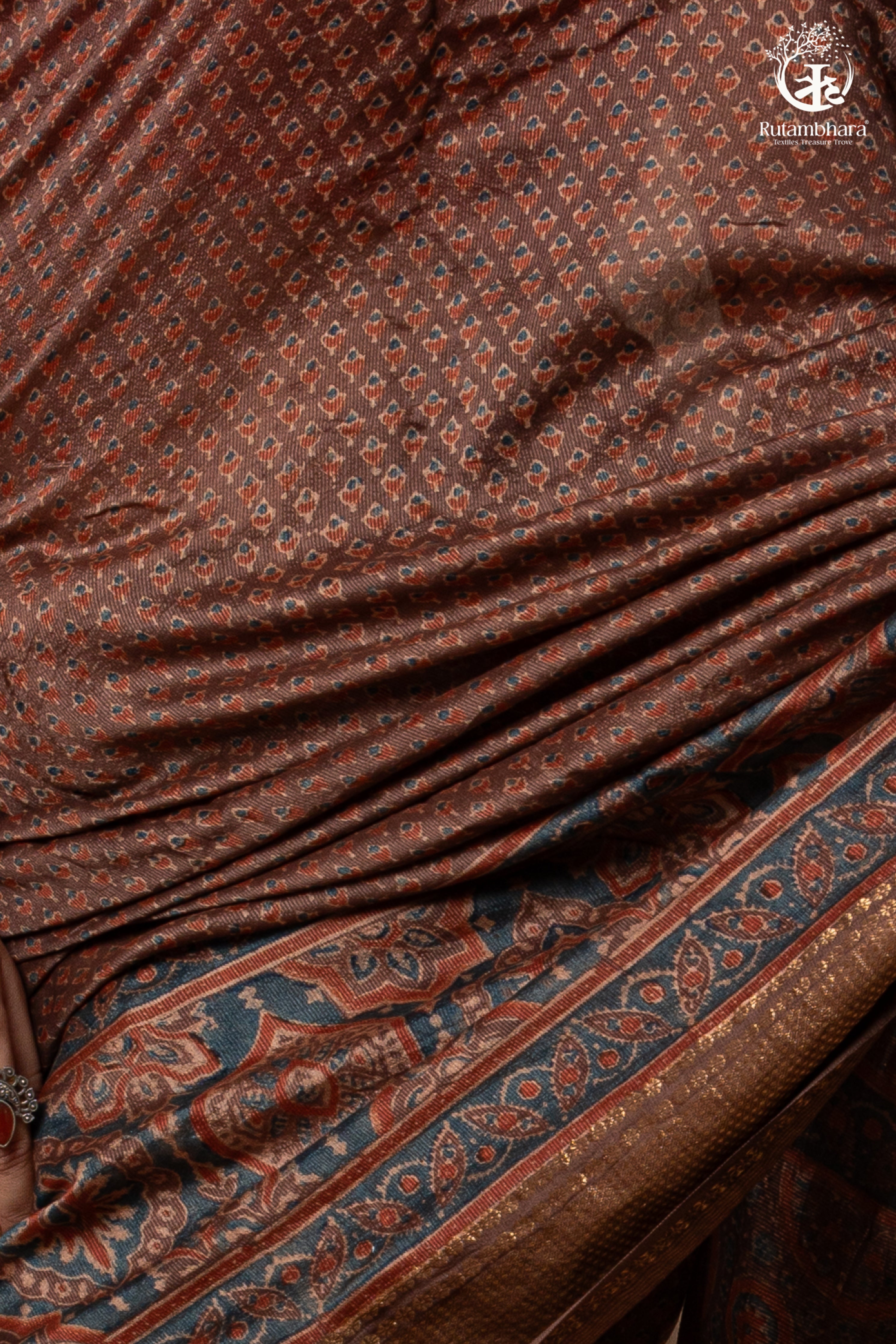 Ushraa - Earthy Rust Brown Ajrakh Cotton Silk Saree with Gold Zari Border