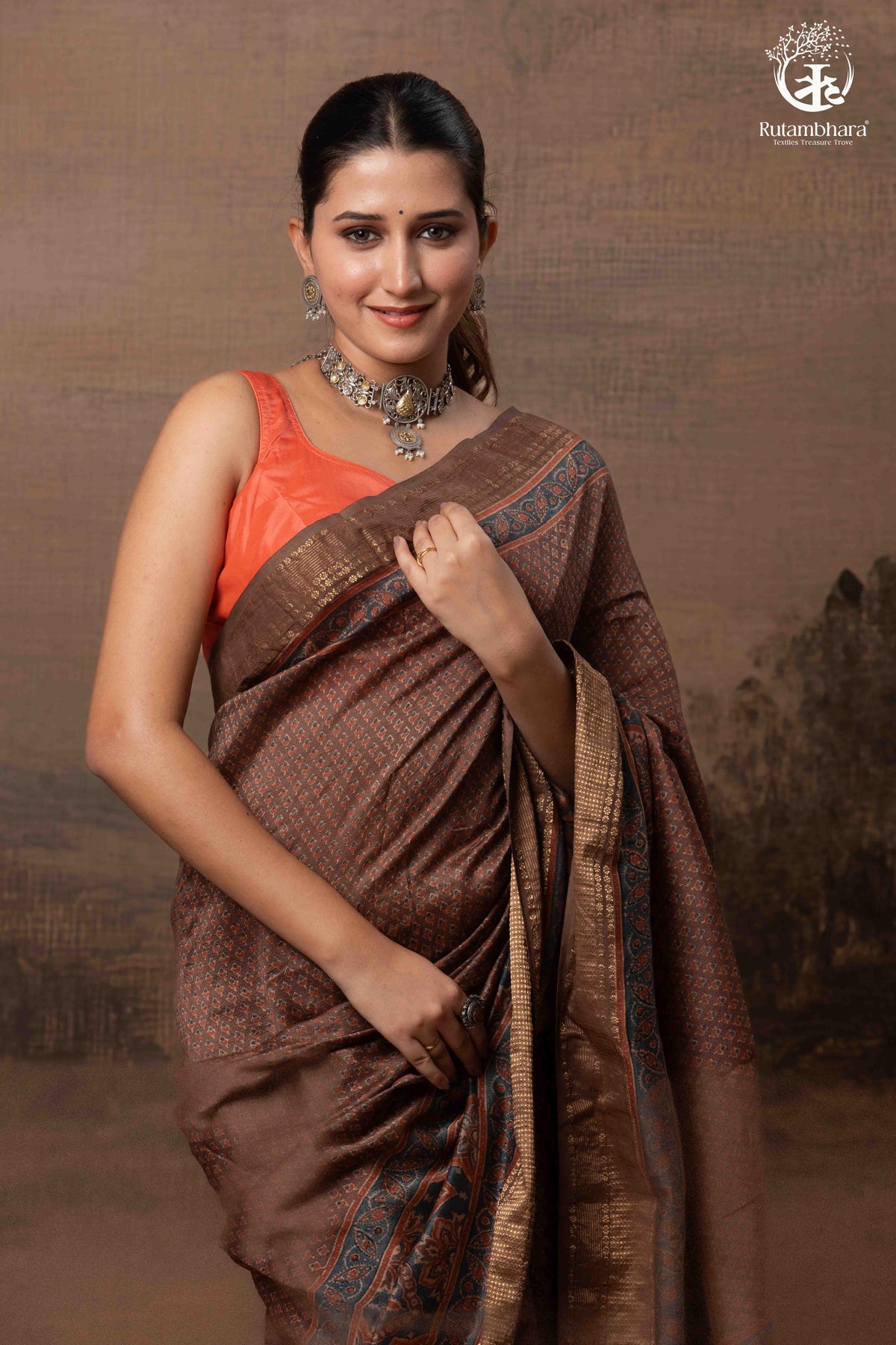 Ushraa - Earthy Rust Brown Ajrakh Cotton Silk Saree with Gold Zari Border
