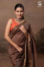 Ushraa - Earthy Rust Brown Ajrakh Cotton Silk Saree with Gold Zari Border-RUTAMBHARA-RUTAMBHARA