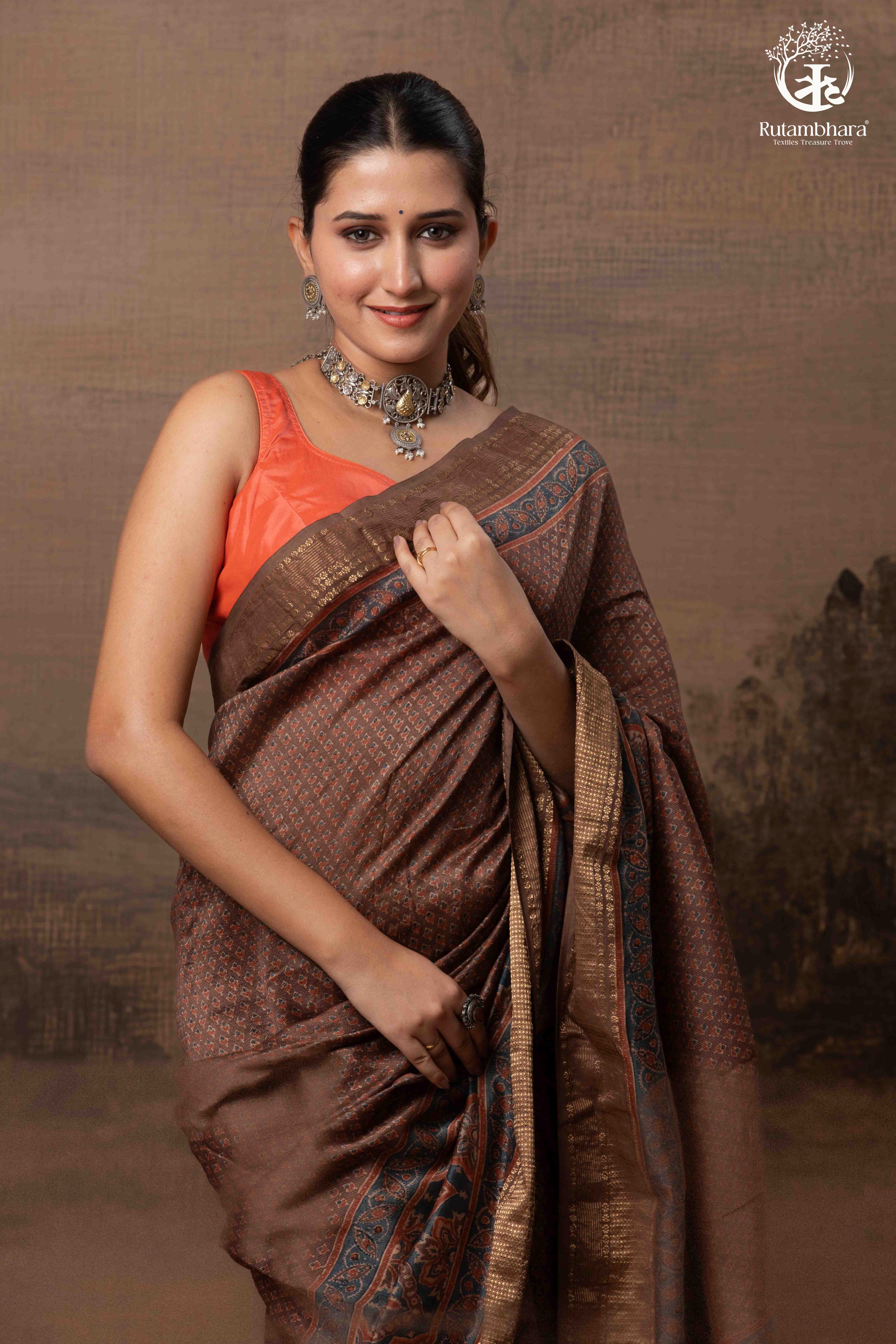 Ushraa - Earthy Rust Brown Ajrakh Cotton Silk Saree with Gold Zari Border