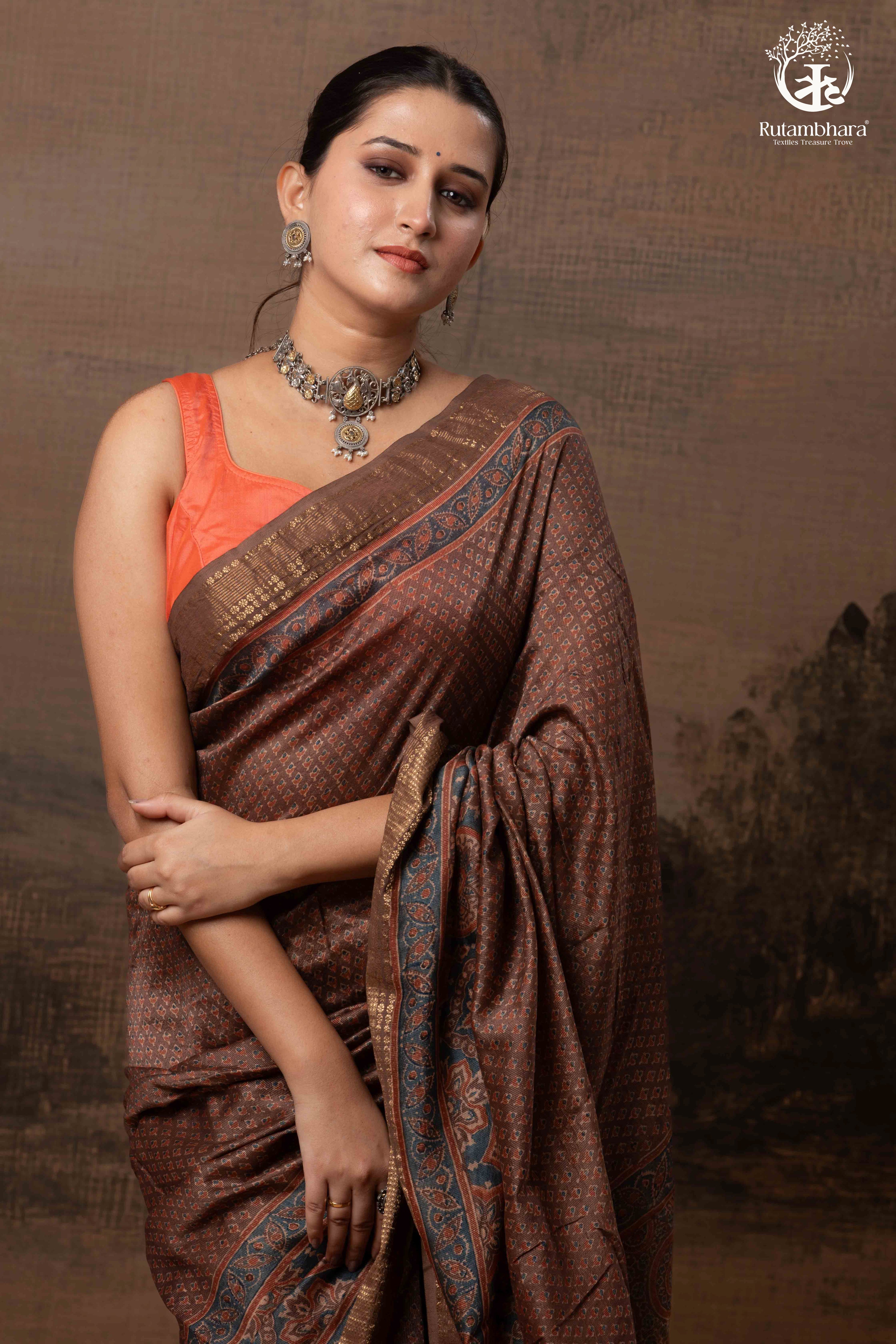 Ushraa - Earthy Rust Brown Ajrakh Cotton Silk Saree with Gold Zari Border