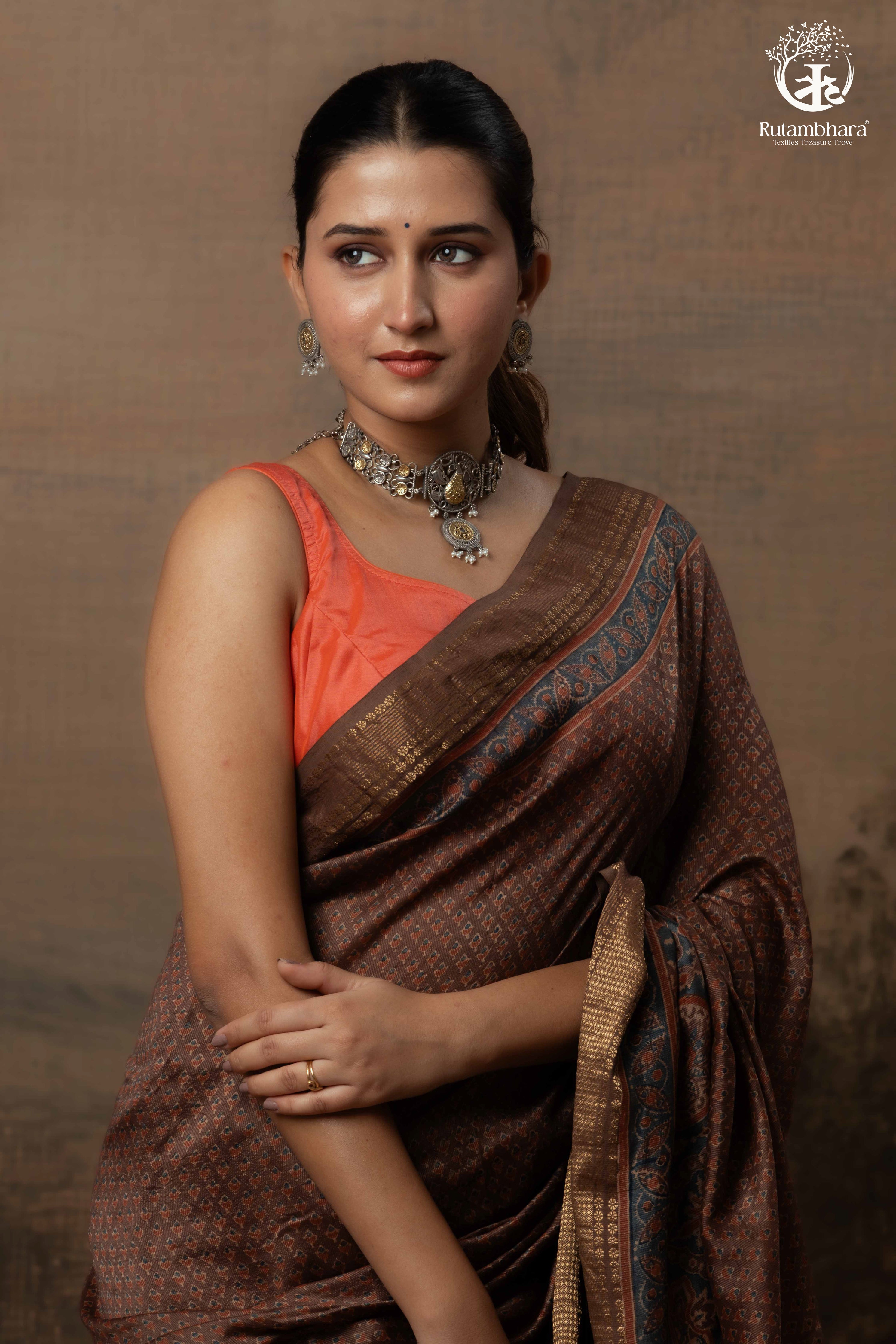 Ushraa - Earthy Rust Brown Ajrakh Cotton Silk Saree with Gold Zari Border