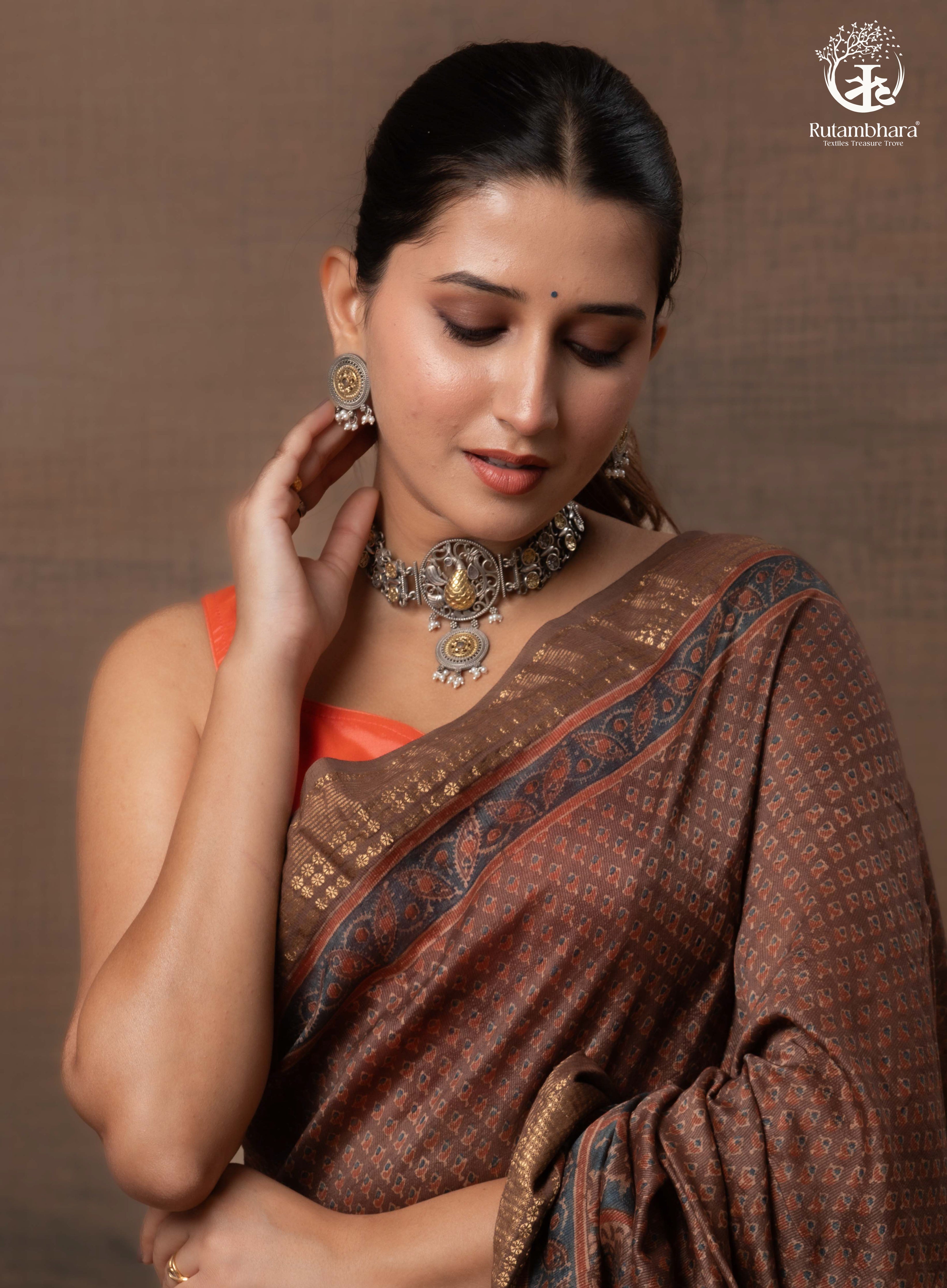 Ushraa - Earthy Rust Brown Ajrakh Cotton Silk Saree with Gold Zari Border