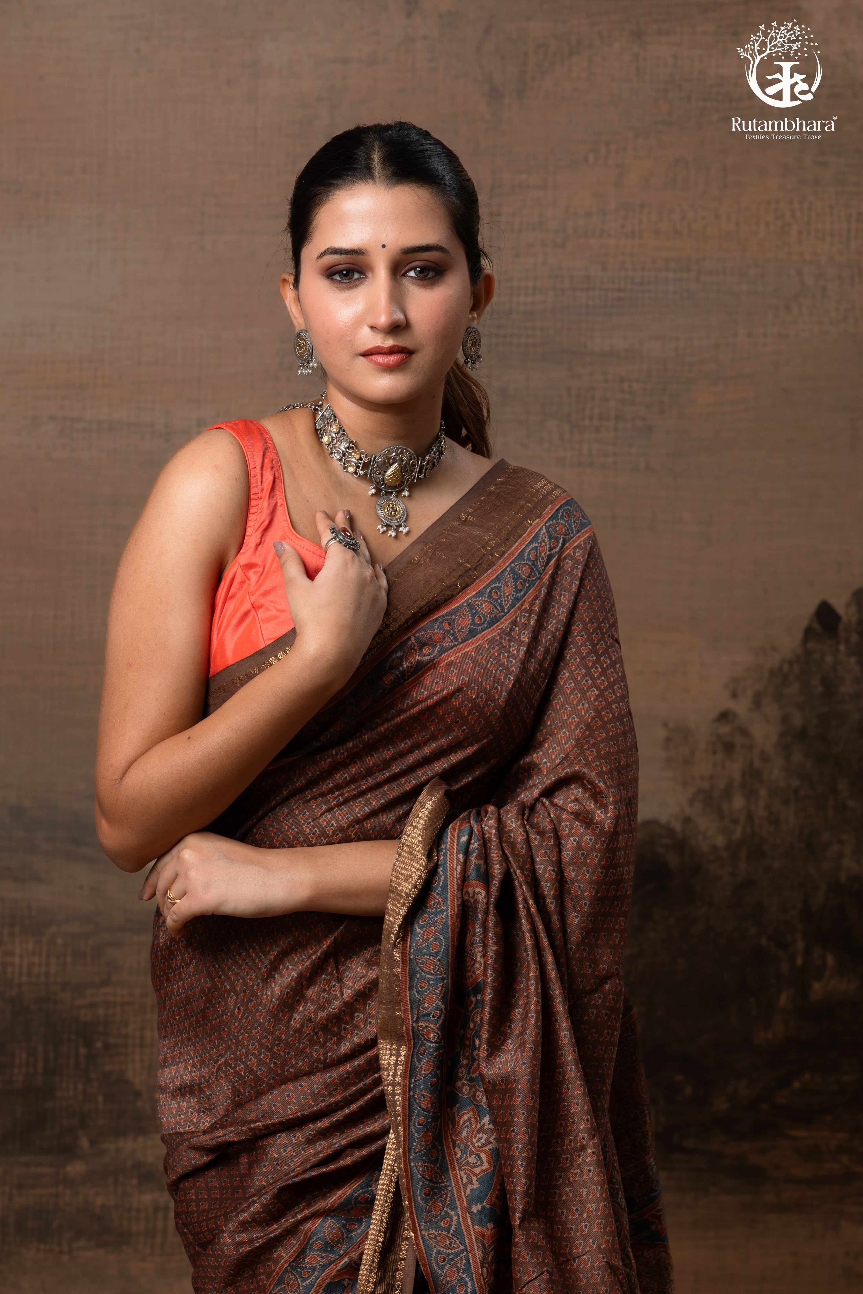Ushraa - Earthy Rust Brown Ajrakh Cotton Silk Saree with Gold Zari Border