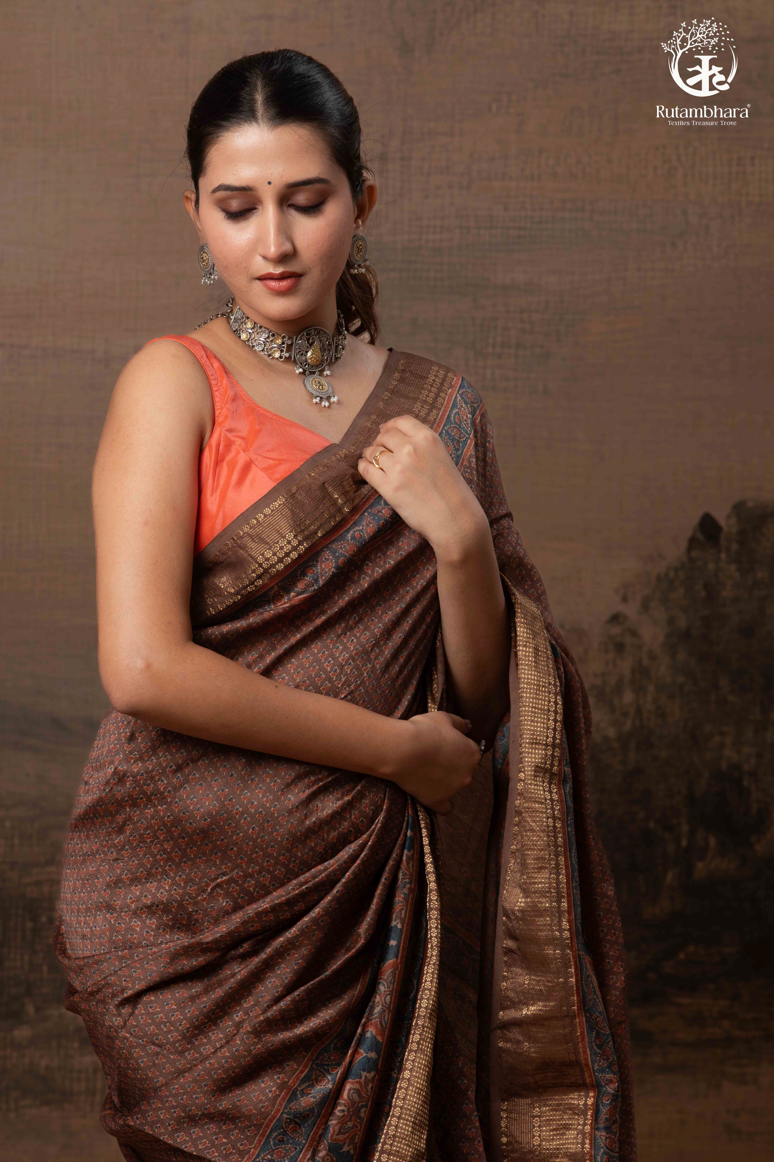 Ushraa - Earthy Rust Brown Ajrakh Cotton Silk Saree with Gold Zari Border