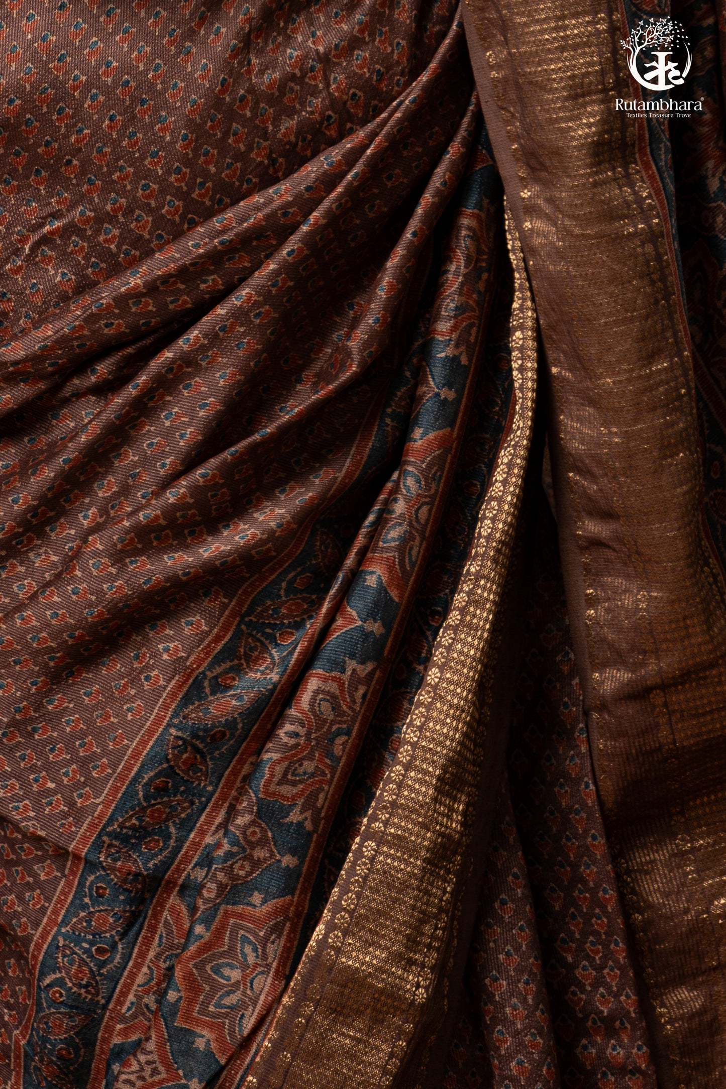 Ushraa - Earthy Rust Brown Ajrakh Cotton Silk Saree with Gold Zari Border