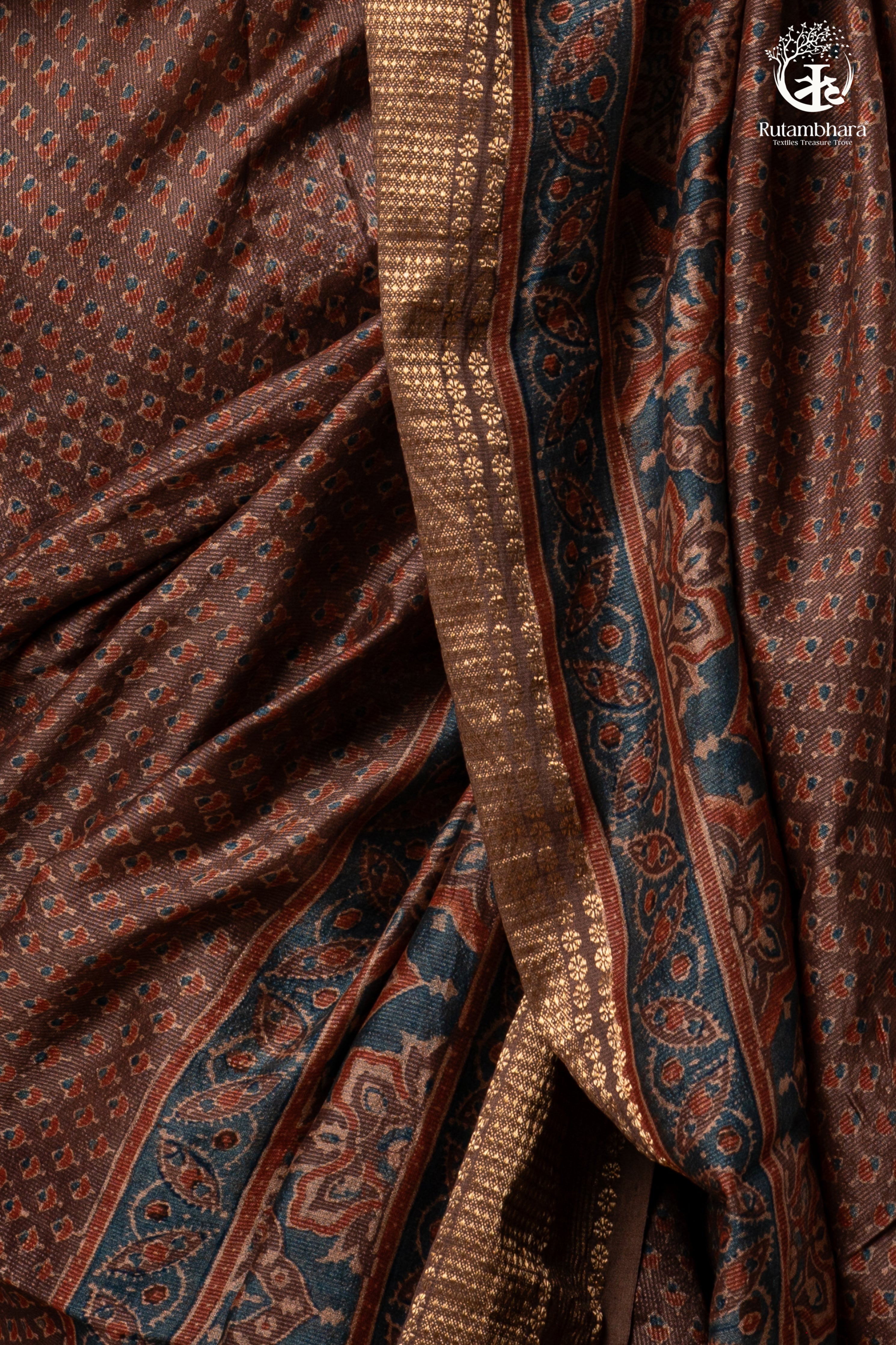 Ushraa - Earthy Rust Brown Ajrakh Cotton Silk Saree with Gold Zari Border