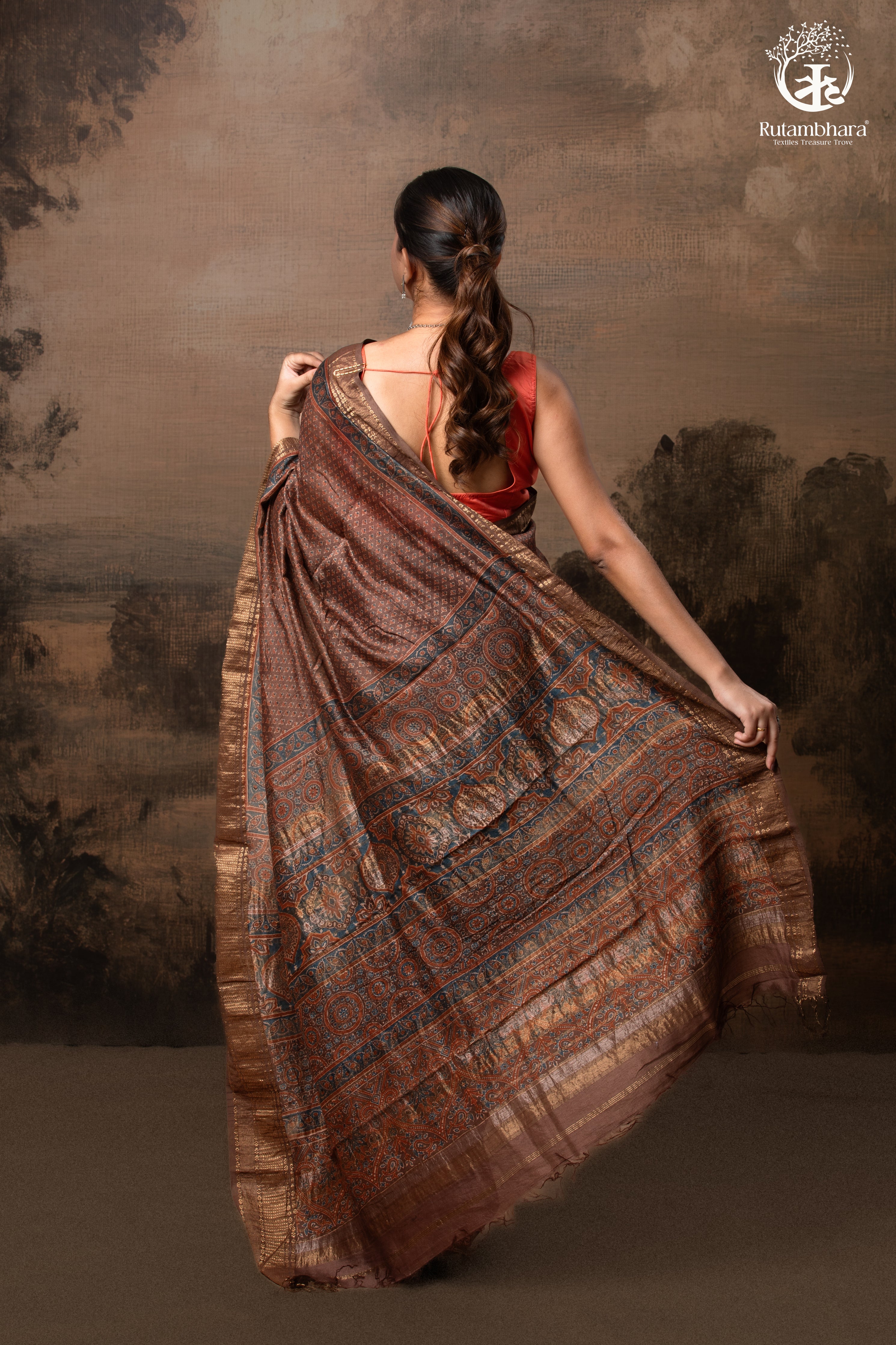 Ushraa - Earthy Rust Brown Ajrakh Cotton Silk Saree with Gold Zari Border