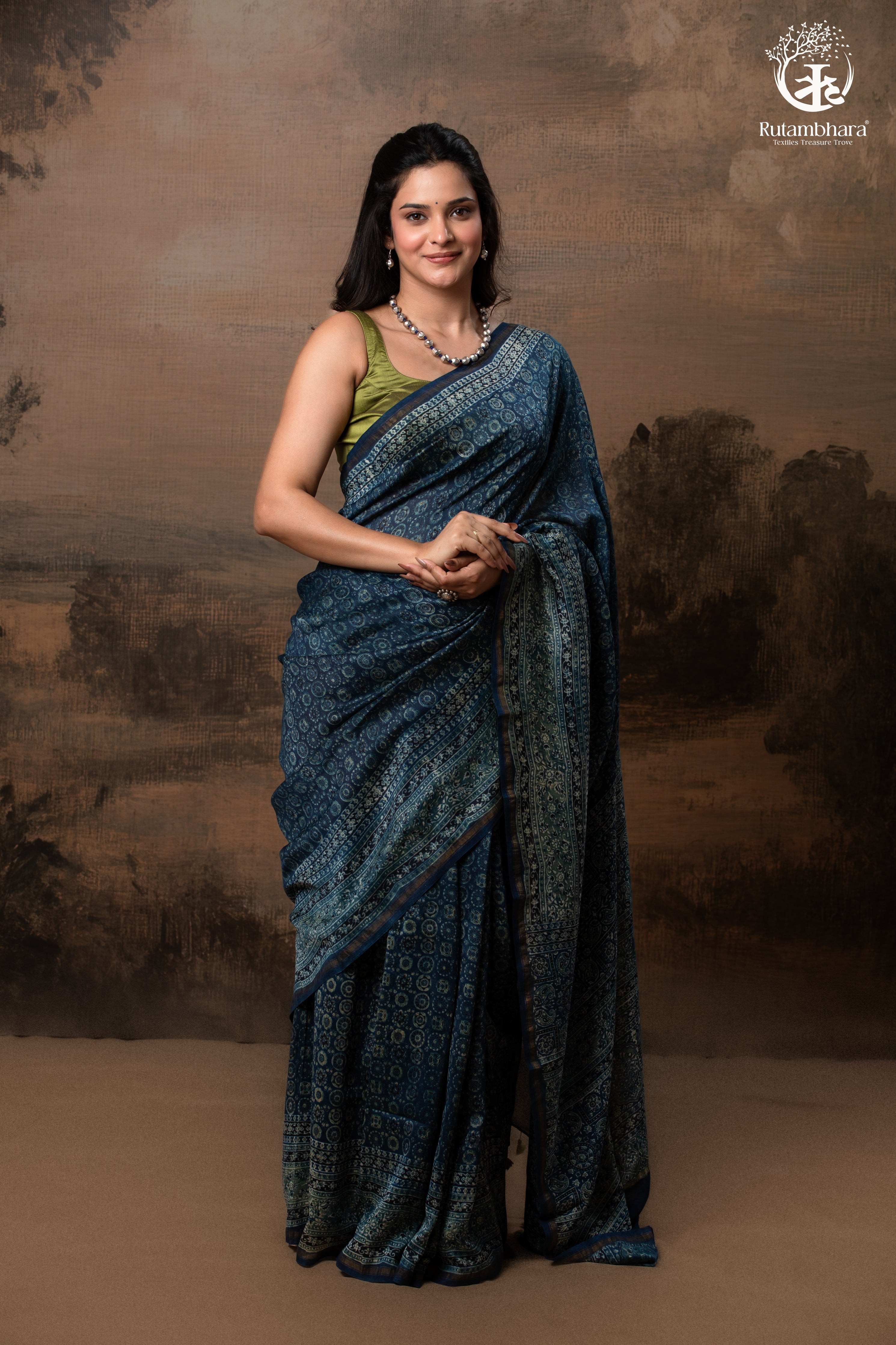 Ushraa - Midnight Indigo – Ajrakh in Fluid Silk Cotton With Small Zari Border