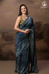 Ushraa - Midnight Indigo – Ajrakh in Fluid Silk Cotton With Small Zari Border