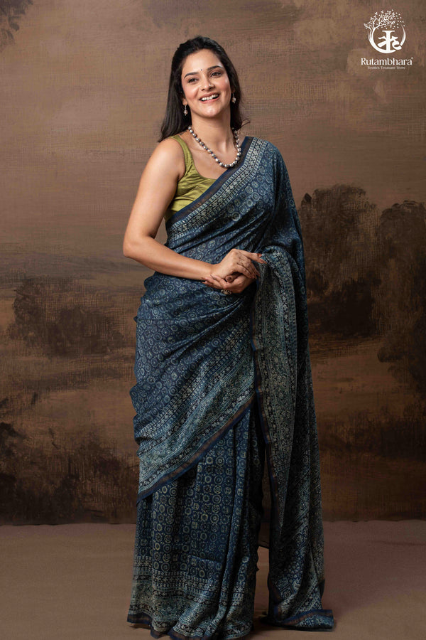 Ushraa - Midnight Indigo – Ajrakh in Fluid Silk Cotton With Small Zari Border-RUTAMBHARA-RUTAMBHARA