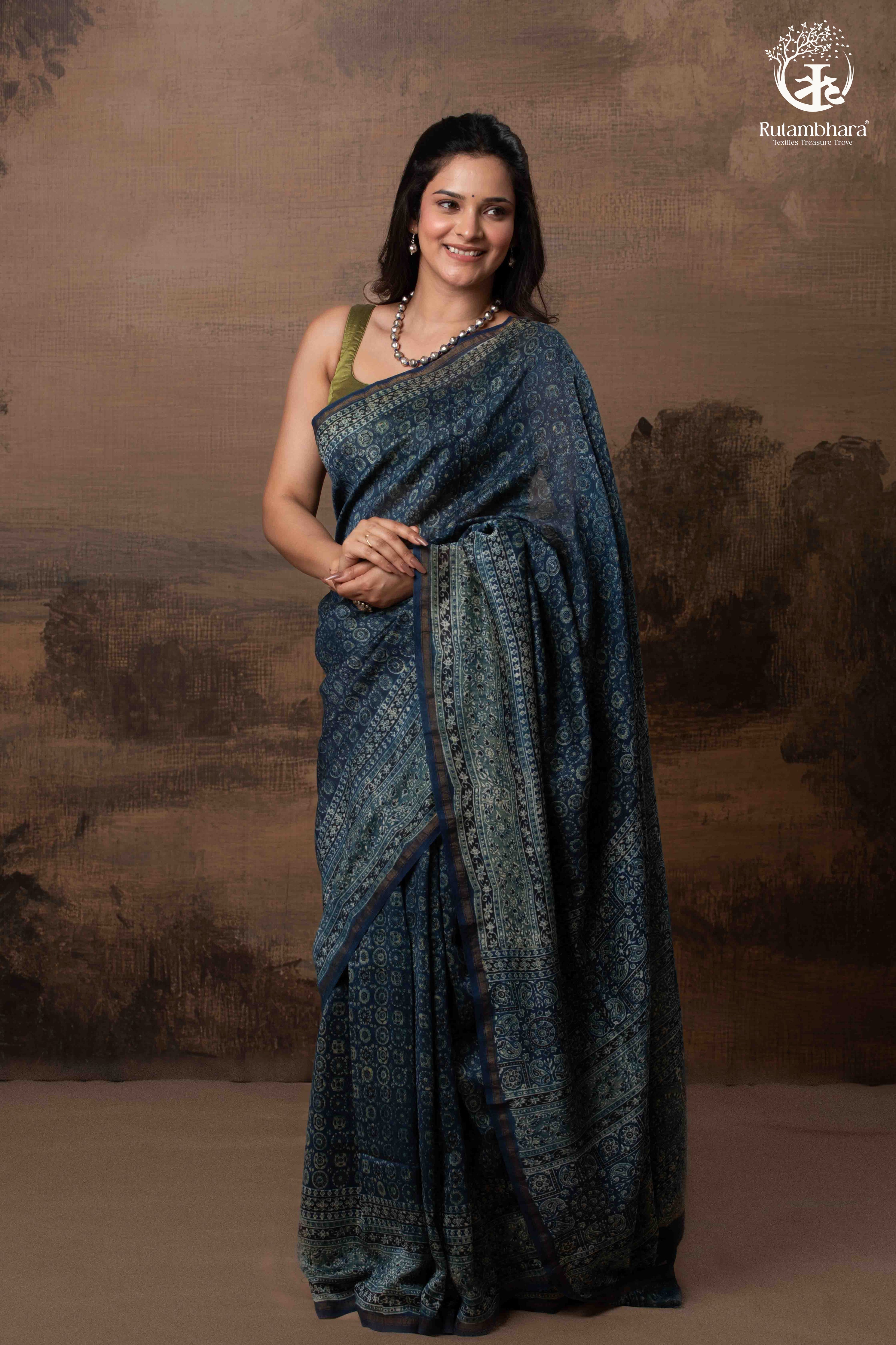Ushraa - Midnight Indigo – Ajrakh in Fluid Silk Cotton With Small Zari Border
