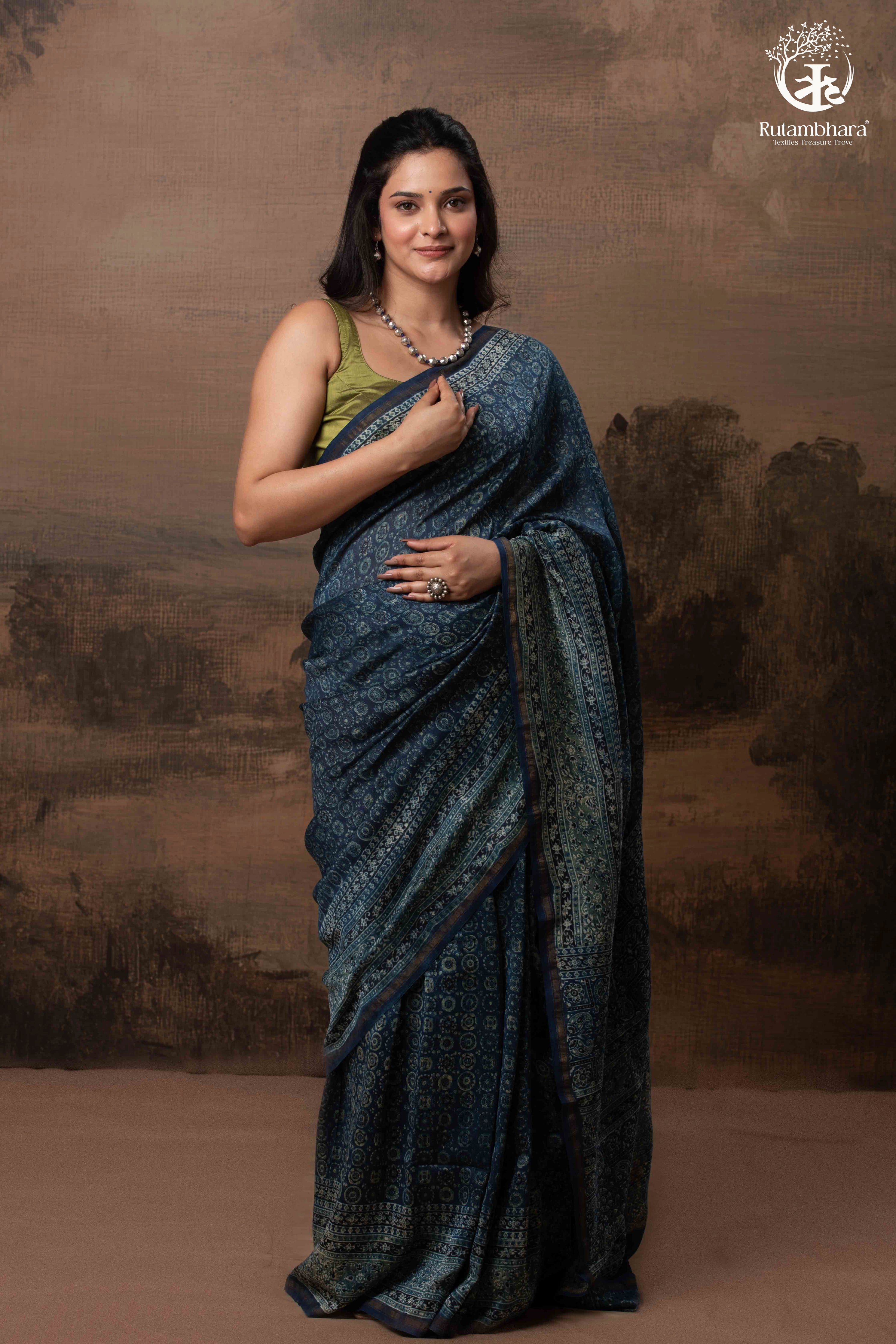 Ushraa - Midnight Indigo – Ajrakh in Fluid Silk Cotton With Small Zari Border