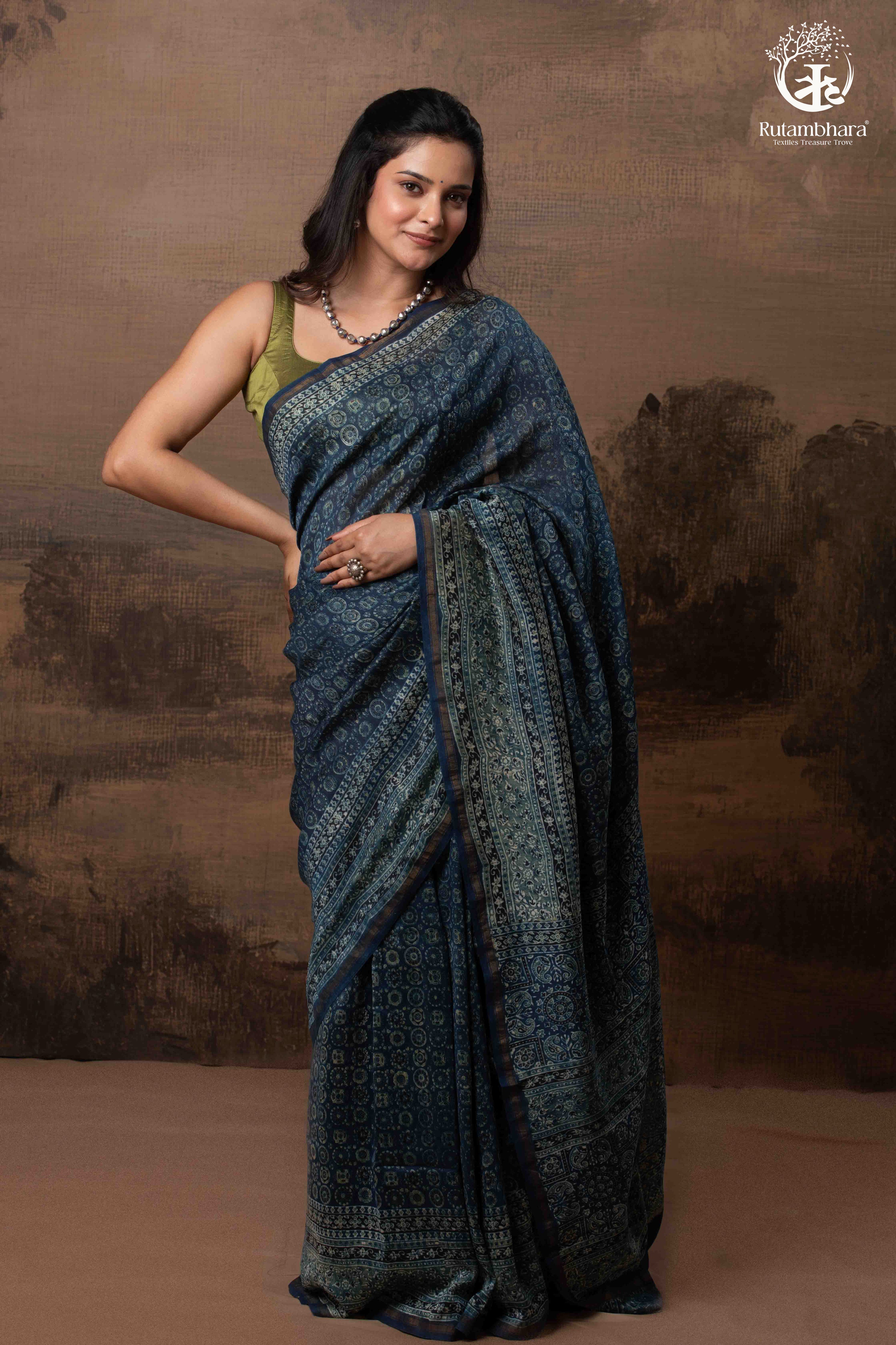 Ushraa - Midnight Indigo – Ajrakh in Fluid Silk Cotton With Small Zari Border