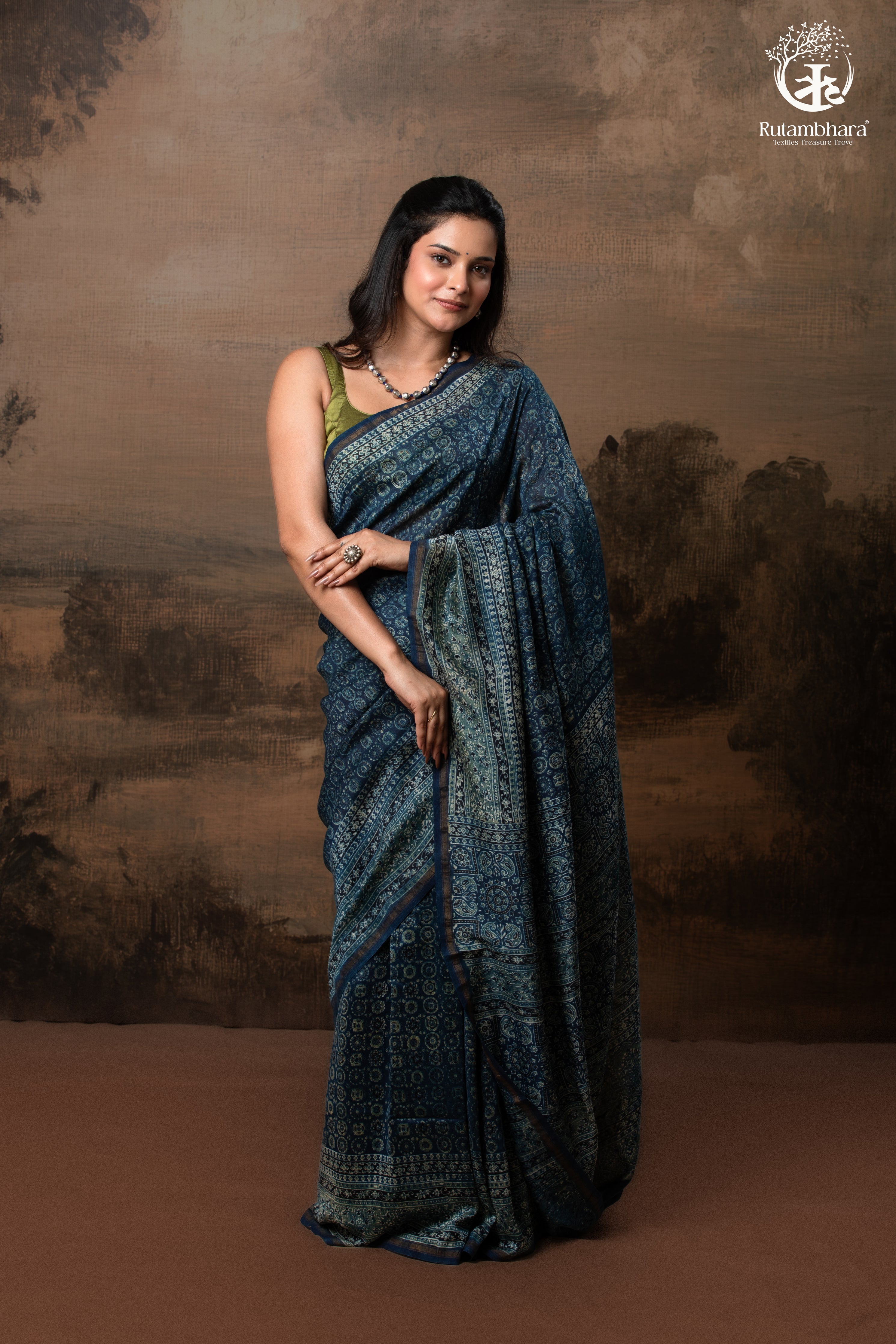 Ushraa - Midnight Indigo – Ajrakh in Fluid Silk Cotton With Small Zari Border