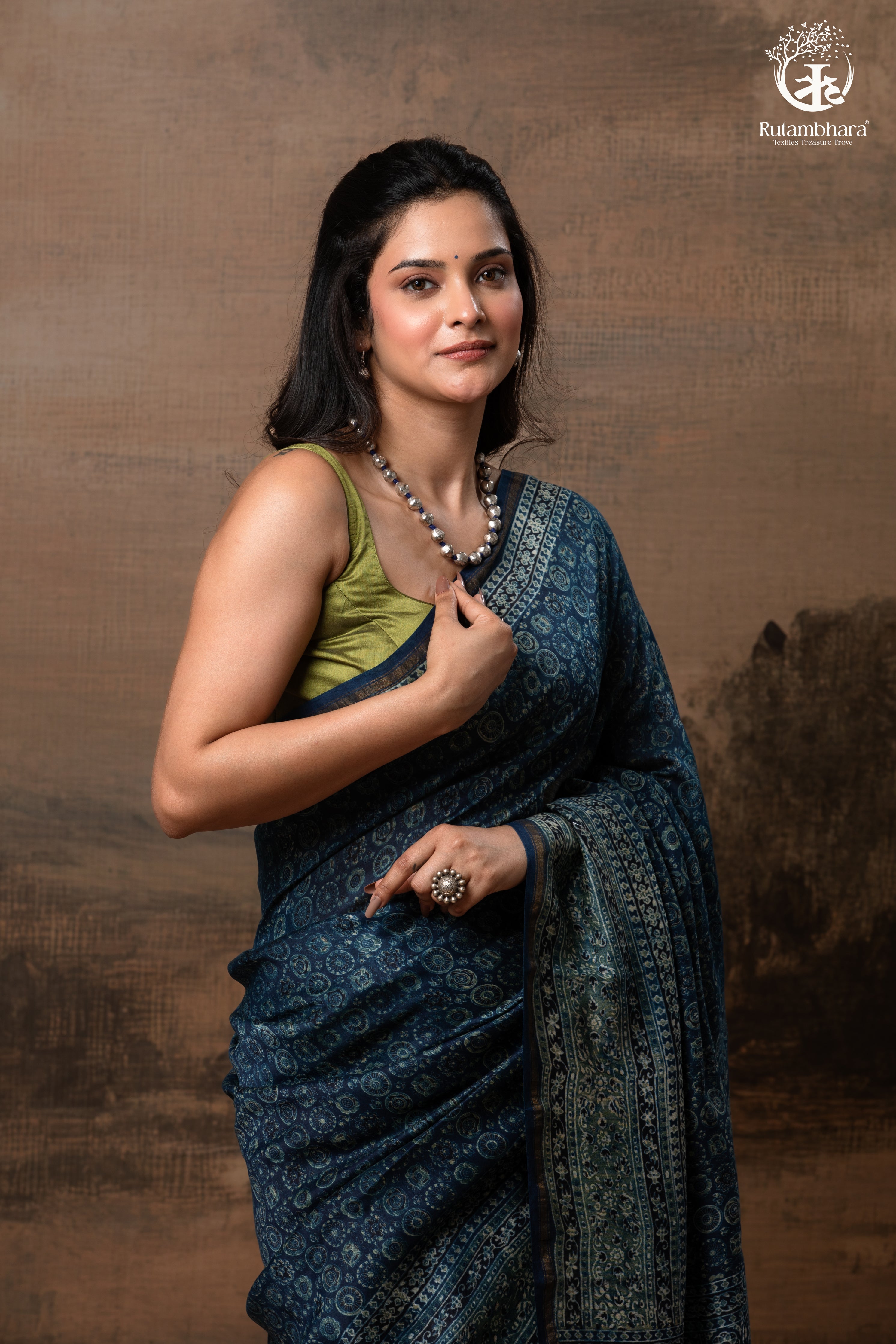 Ushraa - Midnight Indigo – Ajrakh in Fluid Silk Cotton With Small Zari Border