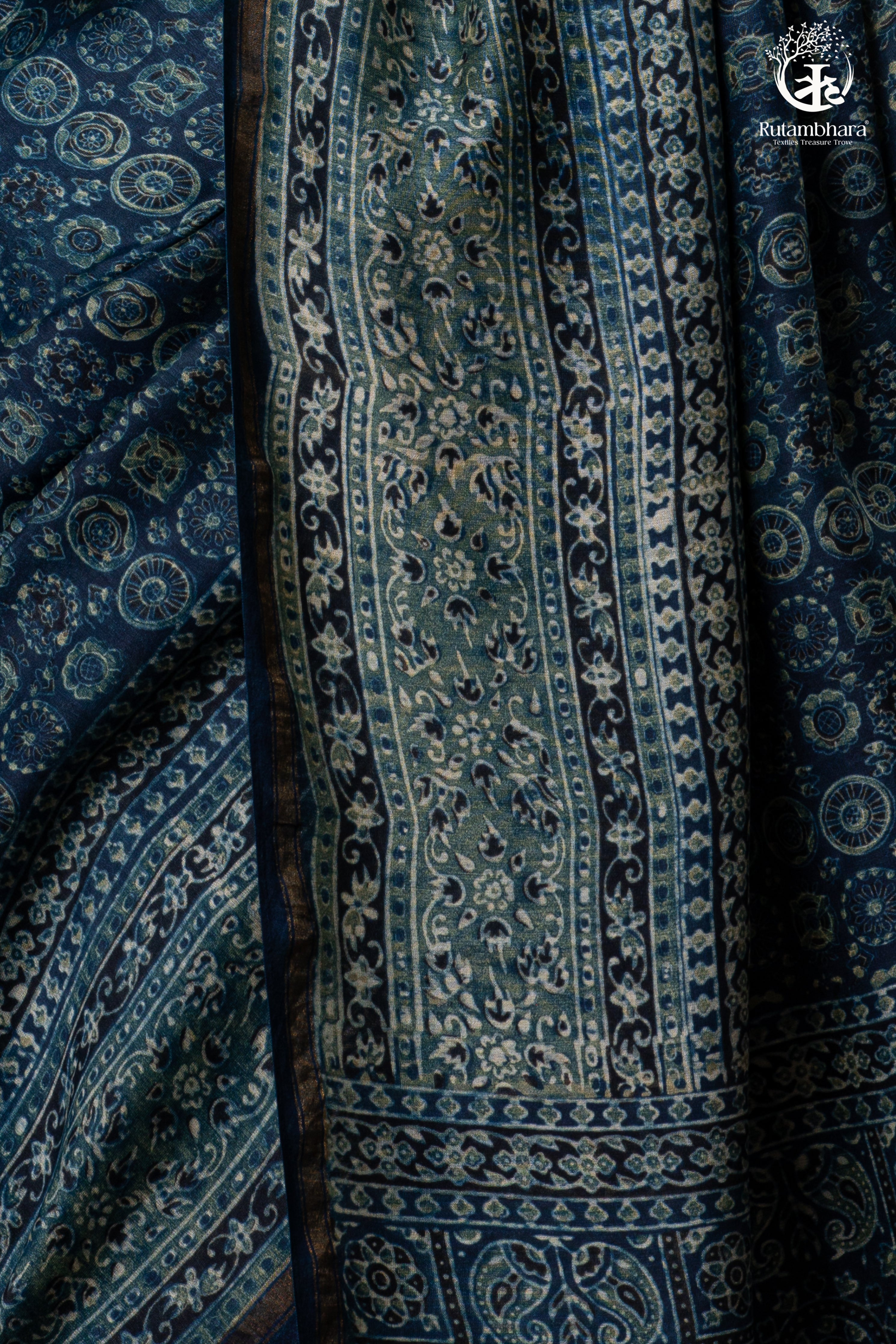 Ushraa - Midnight Indigo – Ajrakh in Fluid Silk Cotton With Small Zari Border