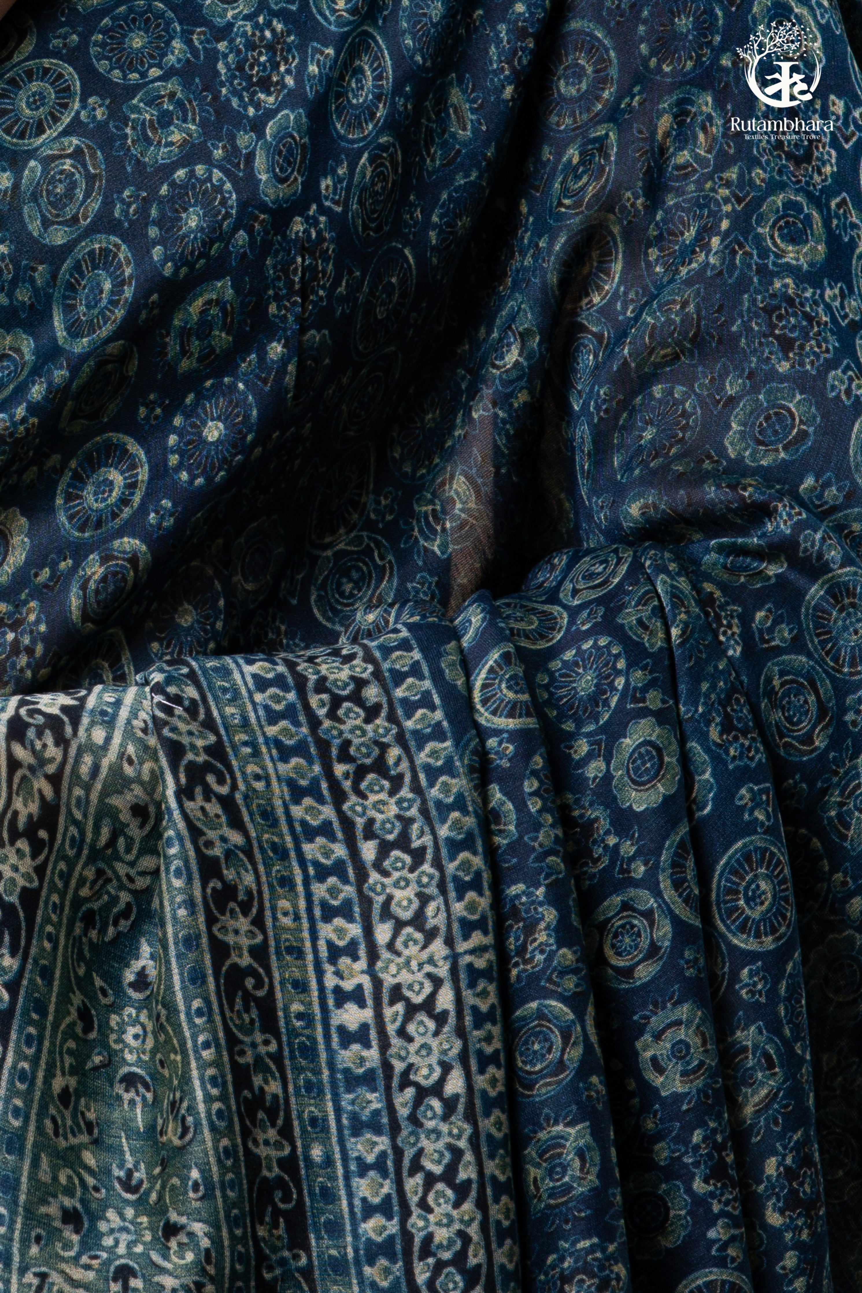 Ushraa - Midnight Indigo – Ajrakh in Fluid Silk Cotton With Small Zari Border
