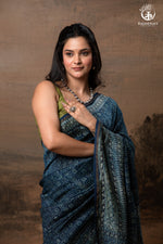Ushraa - Midnight Indigo – Ajrakh in Fluid Silk Cotton With Small Zari Border-RUTAMBHARA-RUTAMBHARA