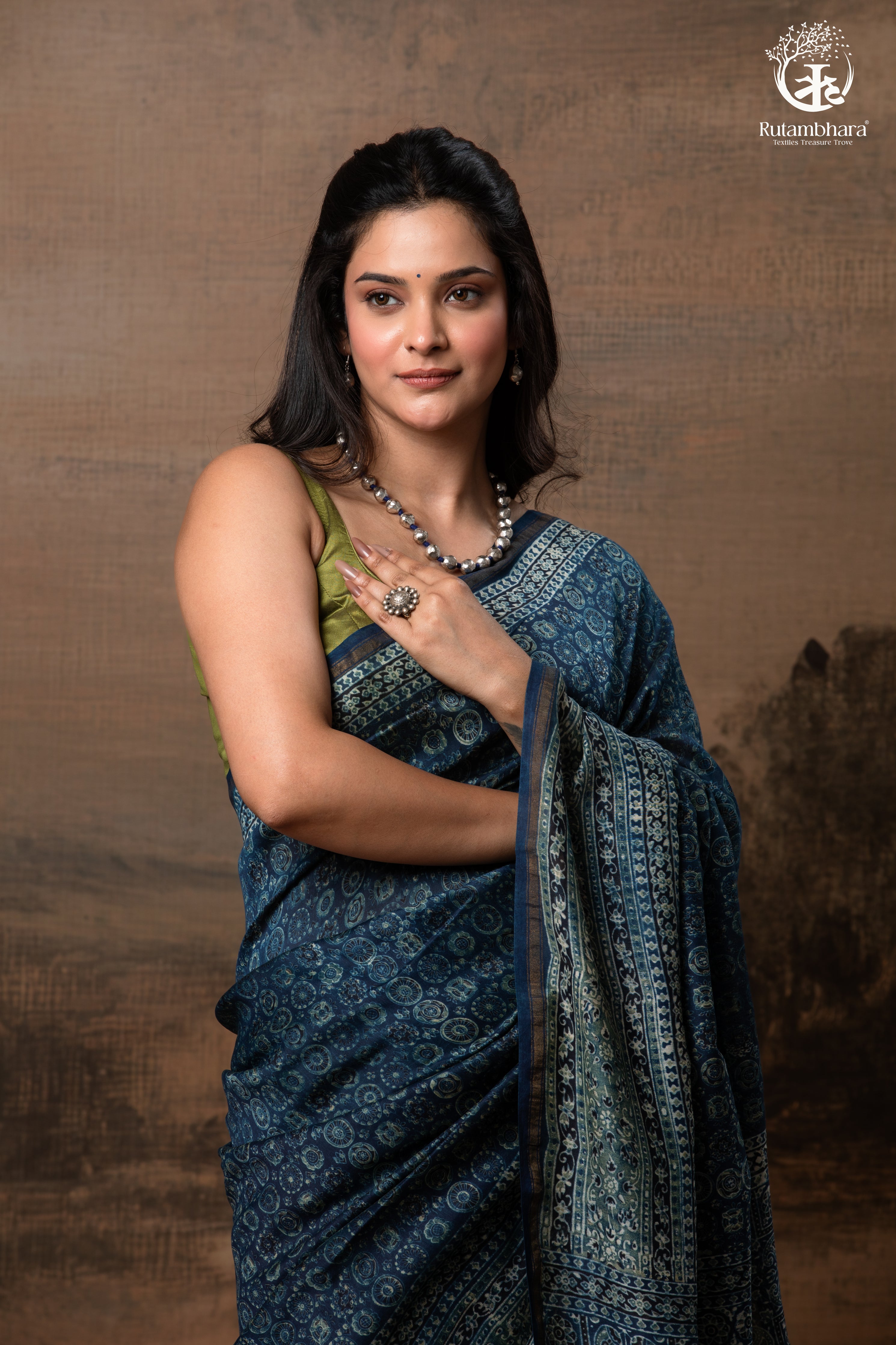 Ushraa - Midnight Indigo – Ajrakh in Fluid Silk Cotton With Small Zari Border