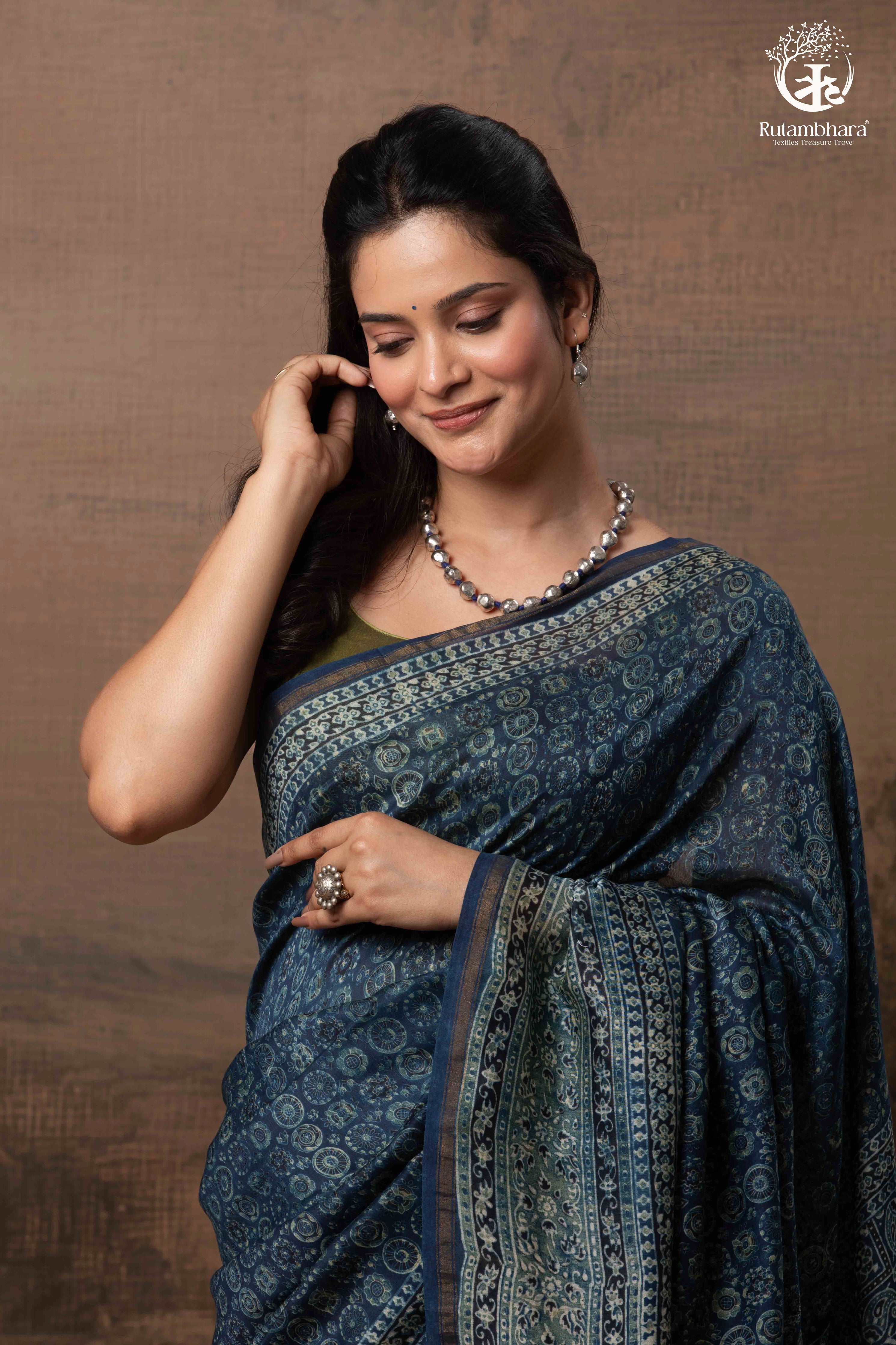 Ushraa - Midnight Indigo – Ajrakh in Fluid Silk Cotton With Small Zari Border