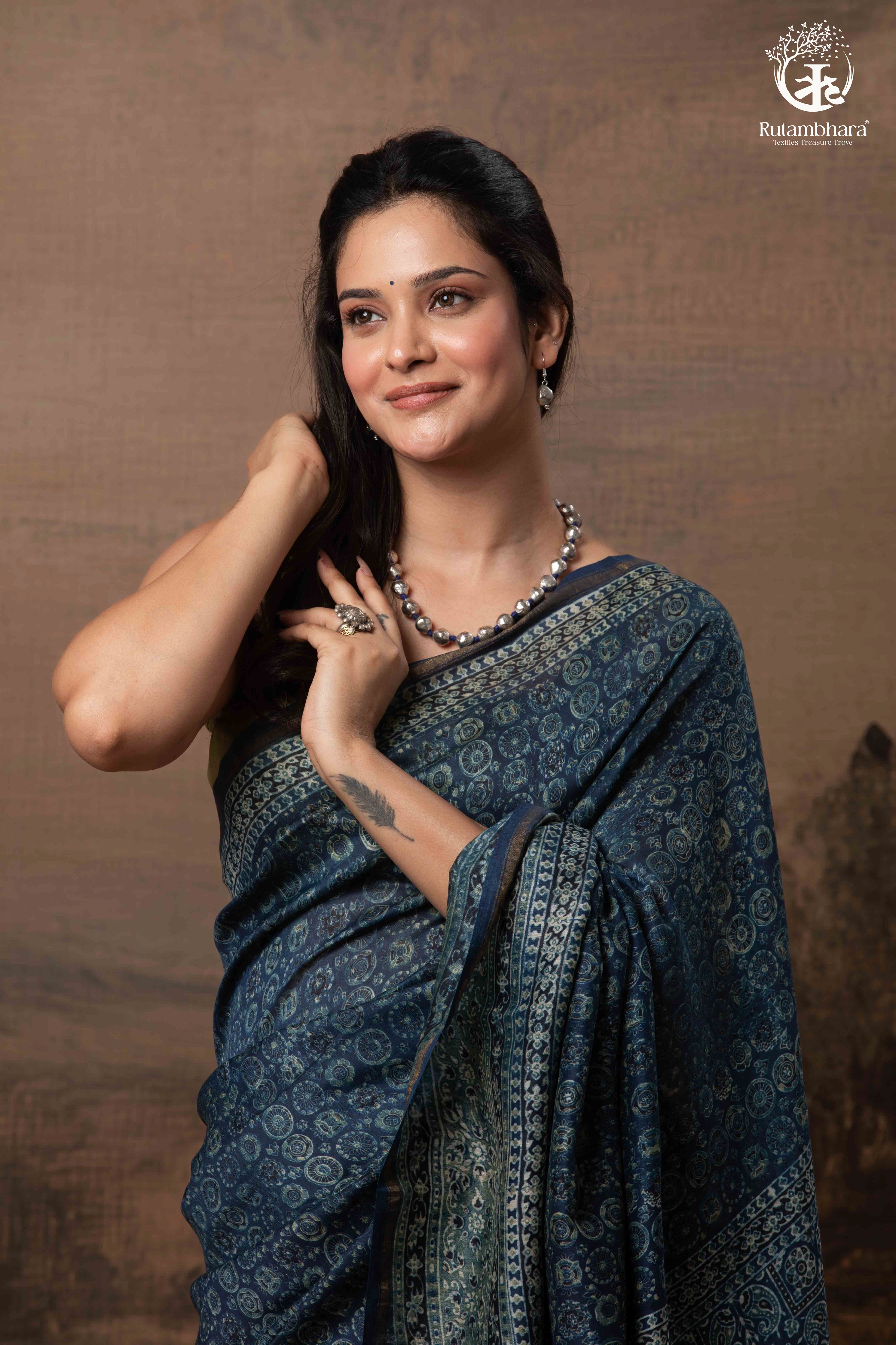 Ushraa - Midnight Indigo – Ajrakh in Fluid Silk Cotton With Small Zari Border